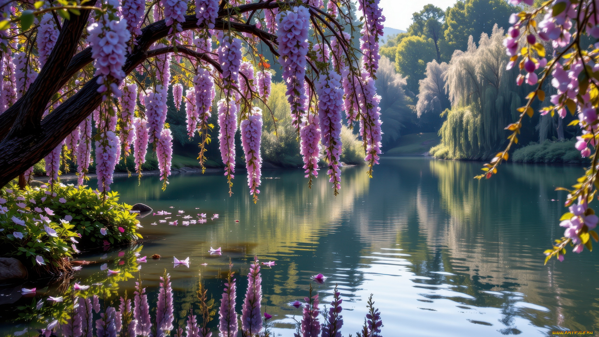 3д, графика, природа, , nature, озеро, деревья, глициния