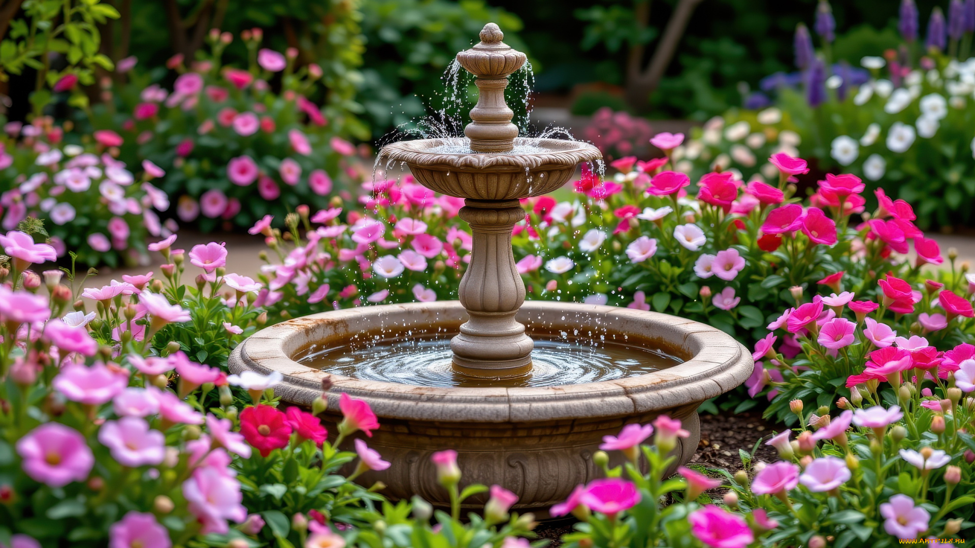 3д, графика, природа, , nature, парк, фонтан, цветы