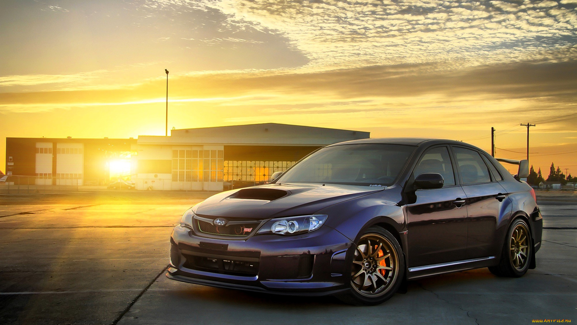 subaru, impreza, автомобили, subaru, темный, здание, закат, облака