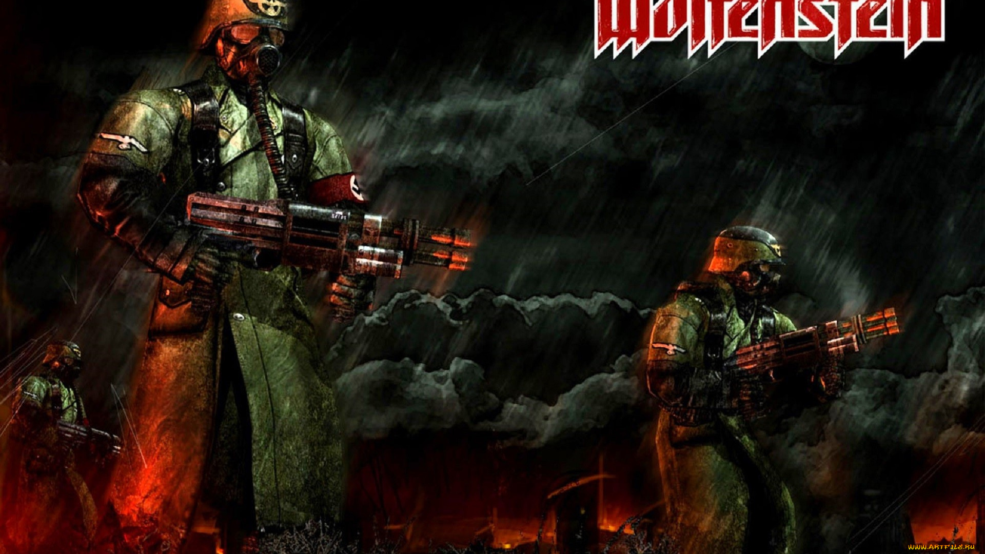 видео, игры, return, to, castle, wolfenstein, фашисты, оружие, тучи, дождь