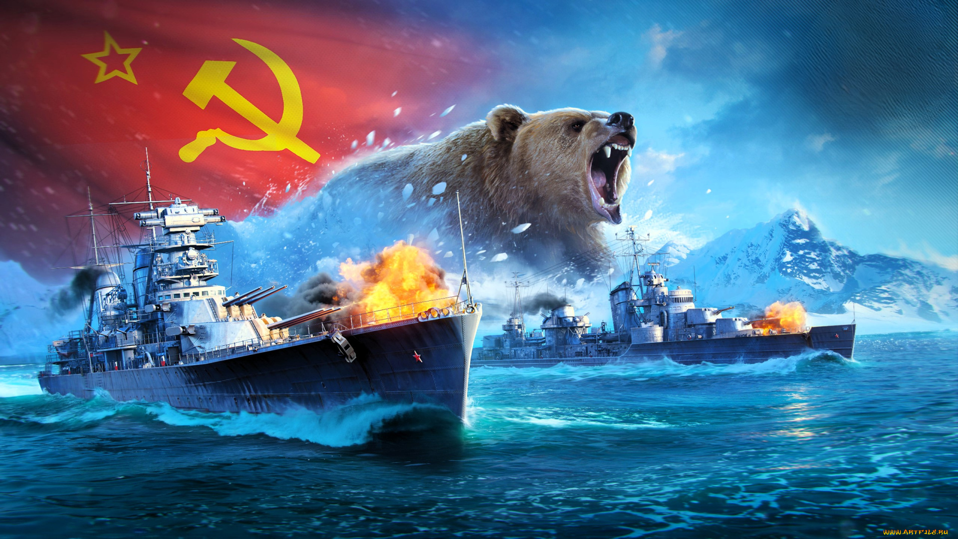 видео, игры, world, of, warships, корабли, море, гора, медведь, флаг, ссср