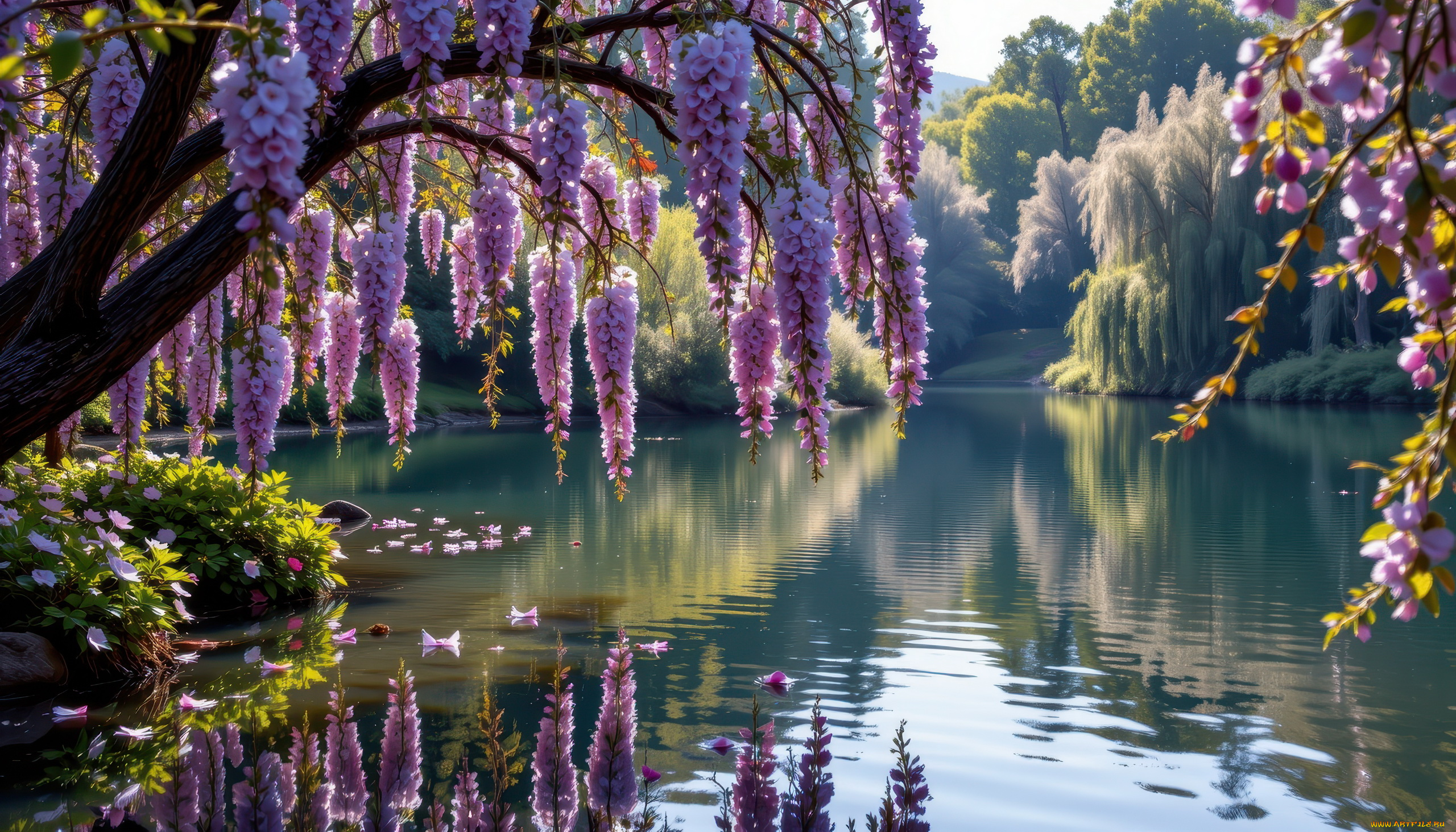 3д, графика, природа, , nature, озеро, деревья, глициния