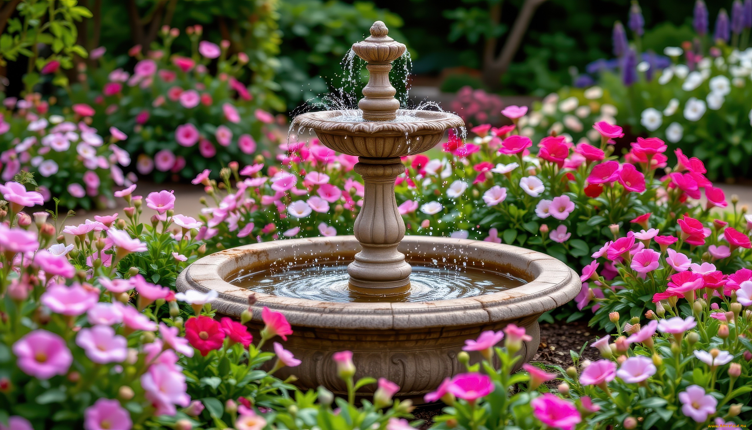 3д, графика, природа, , nature, парк, фонтан, цветы