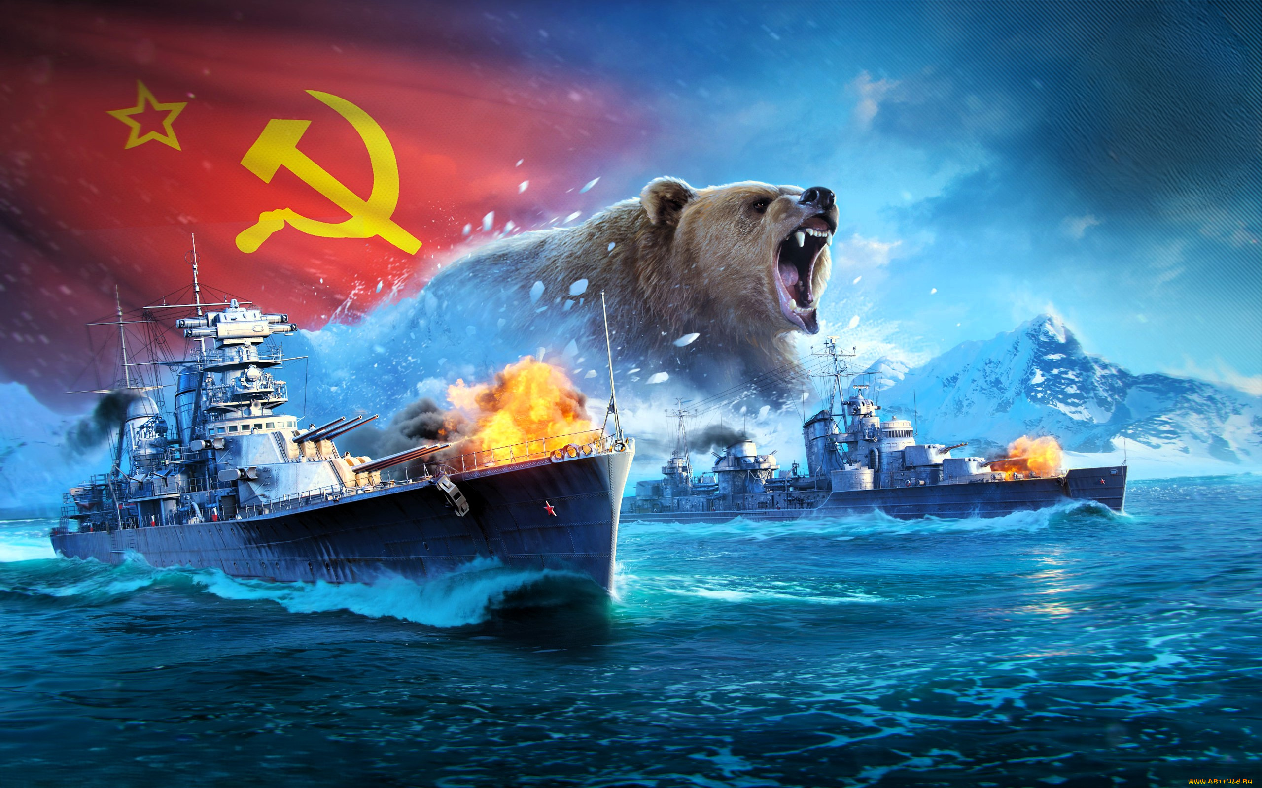 видео, игры, world, of, warships, корабли, море, гора, медведь, флаг, ссср