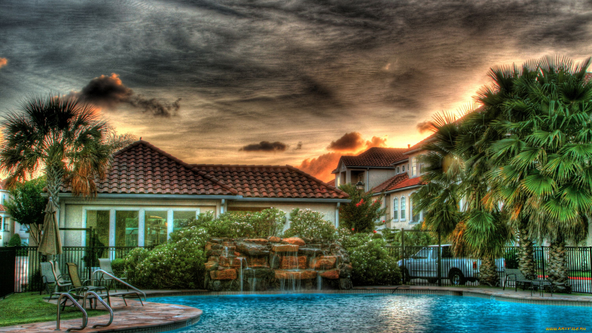 интерьер, бассейны, открытые, площадки, закат, бассейн