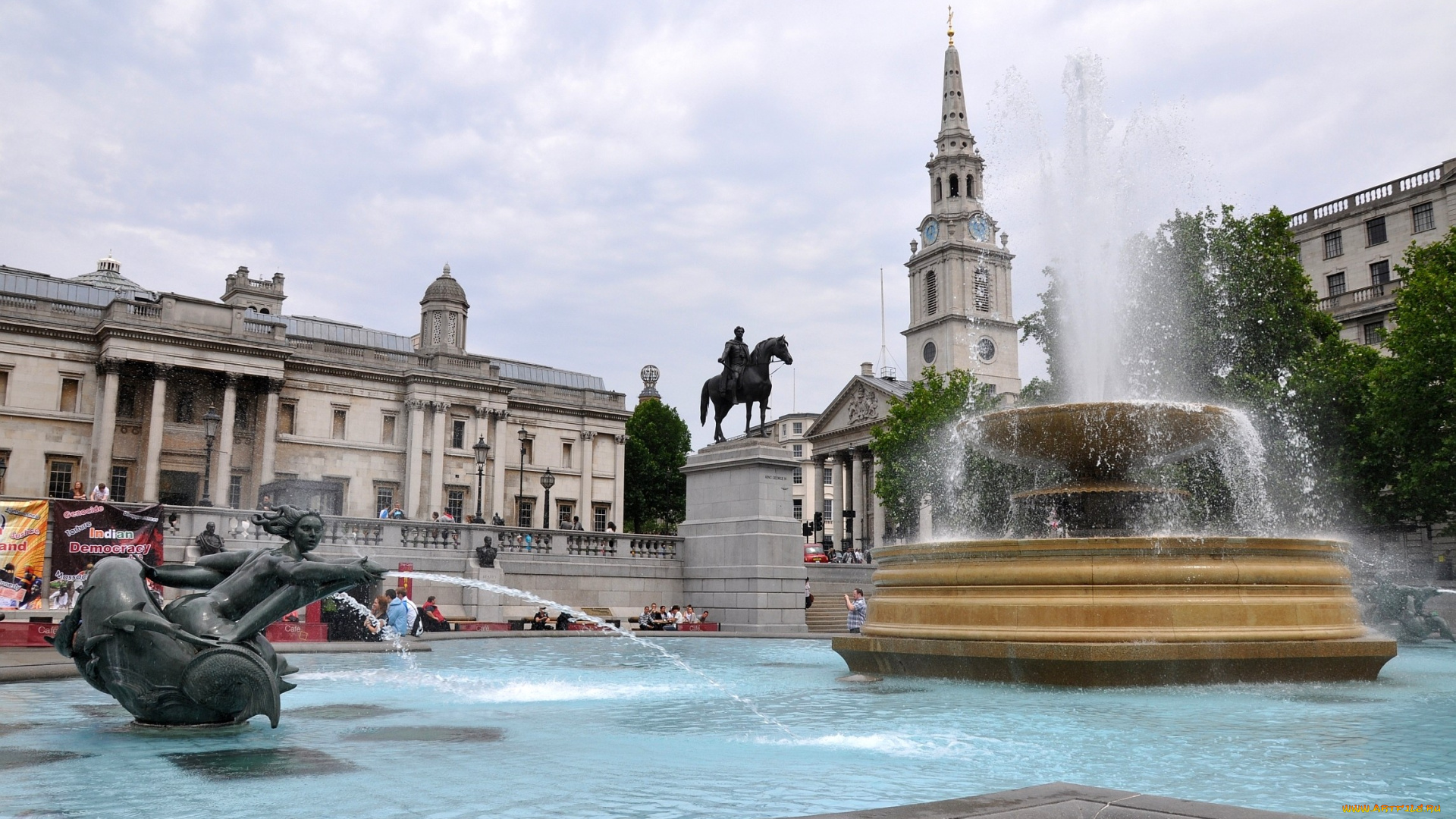 трафальгарская, площадь, лондон, города, великобритания, здания, часы, статуя