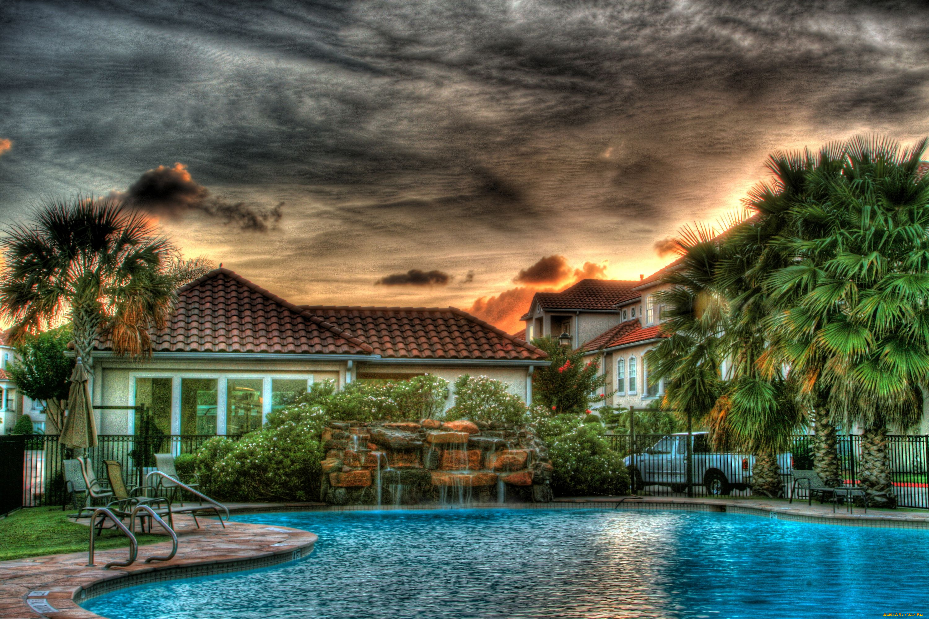 интерьер, бассейны, открытые, площадки, закат, бассейн