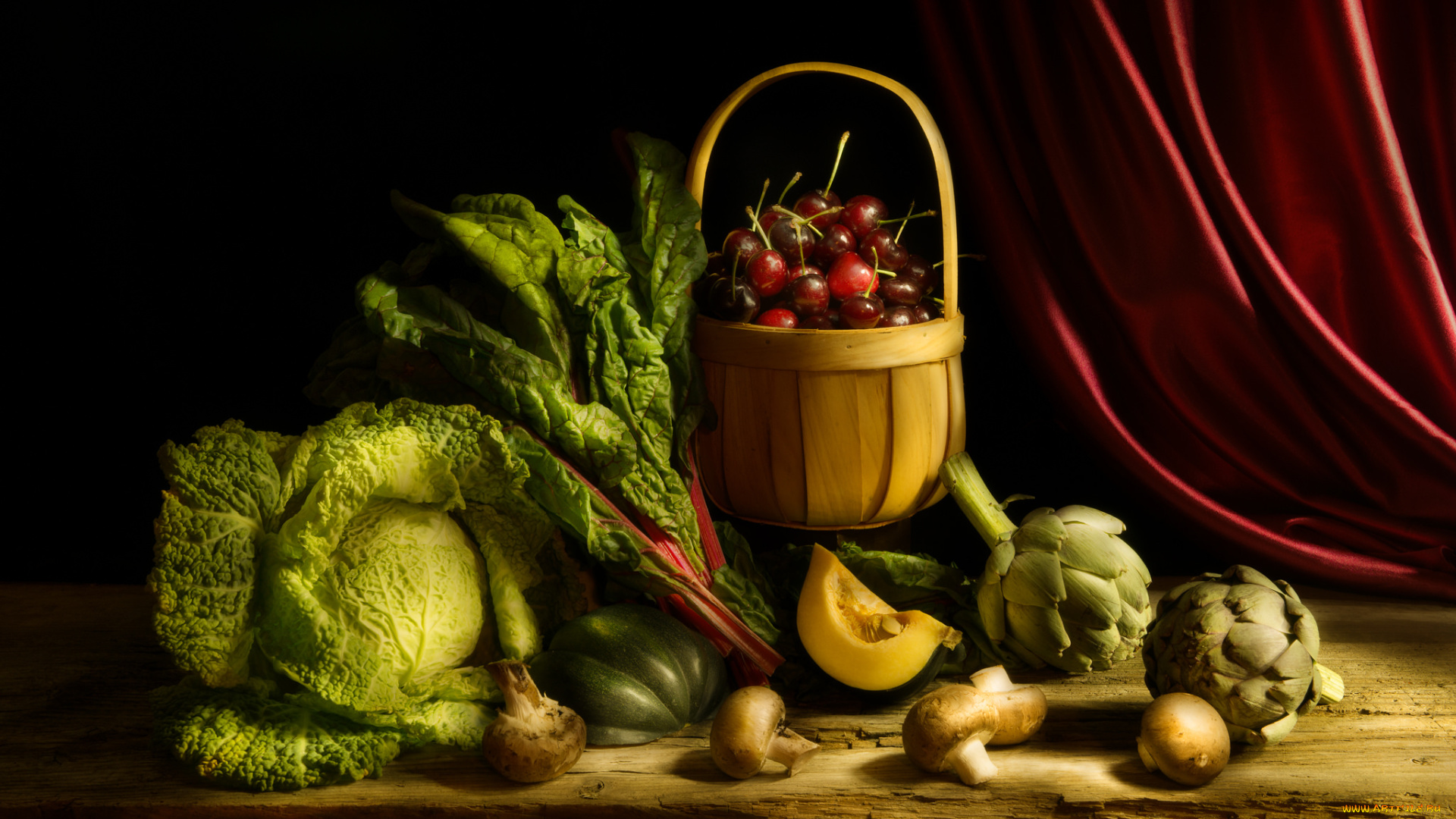 еда, фрукты, и, овощи, вместе, капуста, вишня, корзина