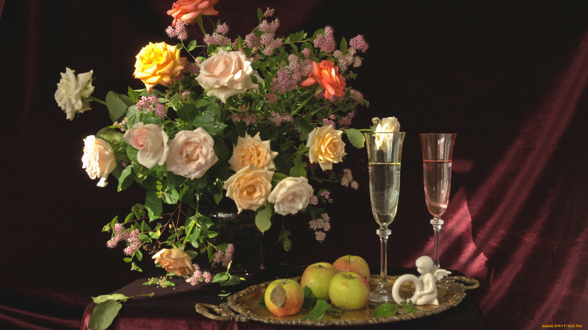еда, натюрморт, яблоки, бокалы, букет