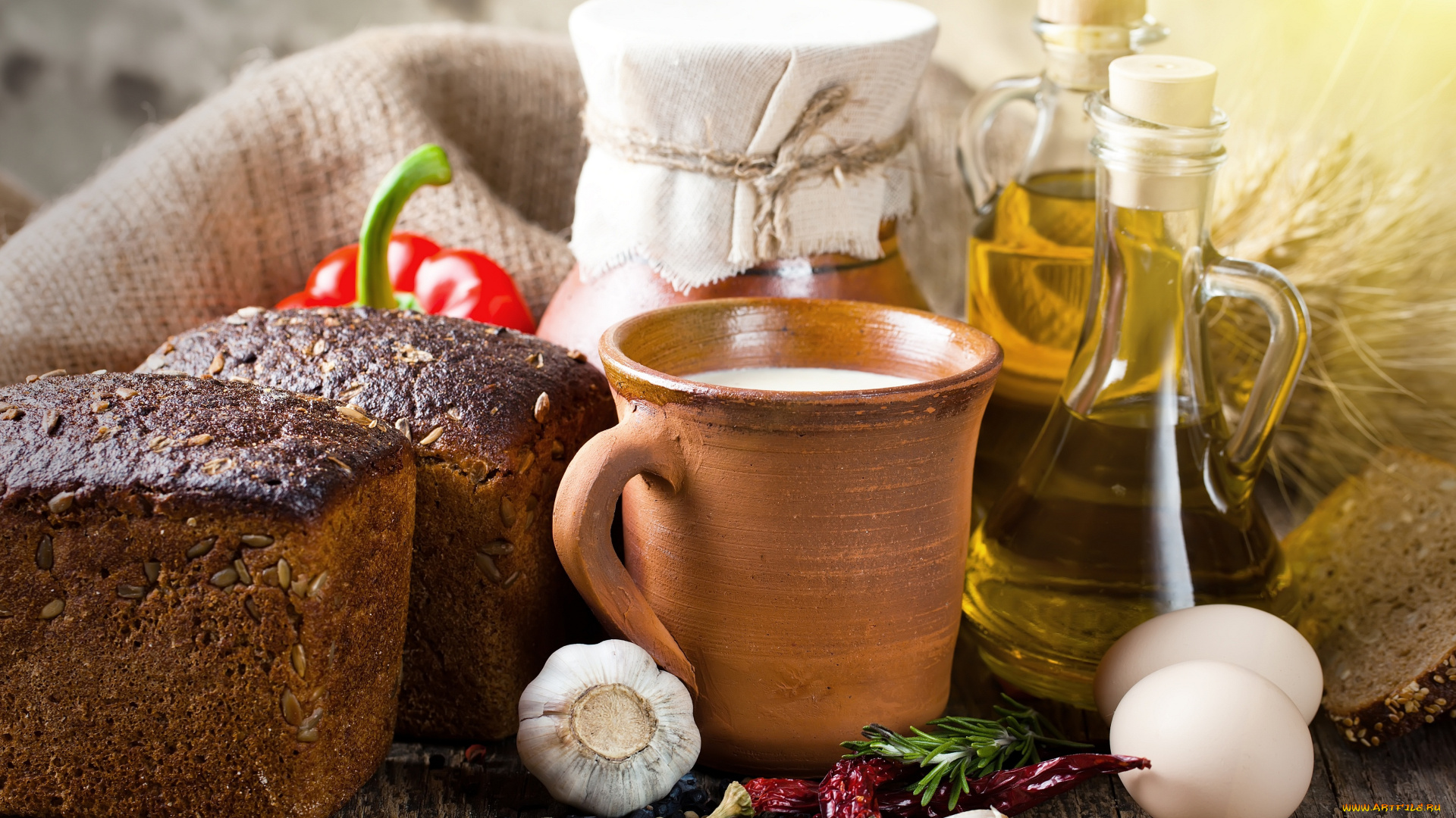 еда, разное, масло, перец, хлеб, чеснок, яйцо, пшено
