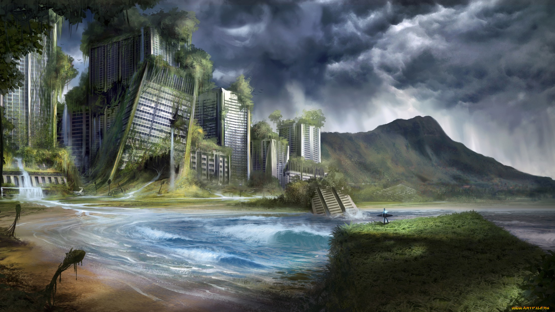 фэнтези, иные, миры, , иные, времена, арт, серфингист, доска, заросли, человек, море, руины, город