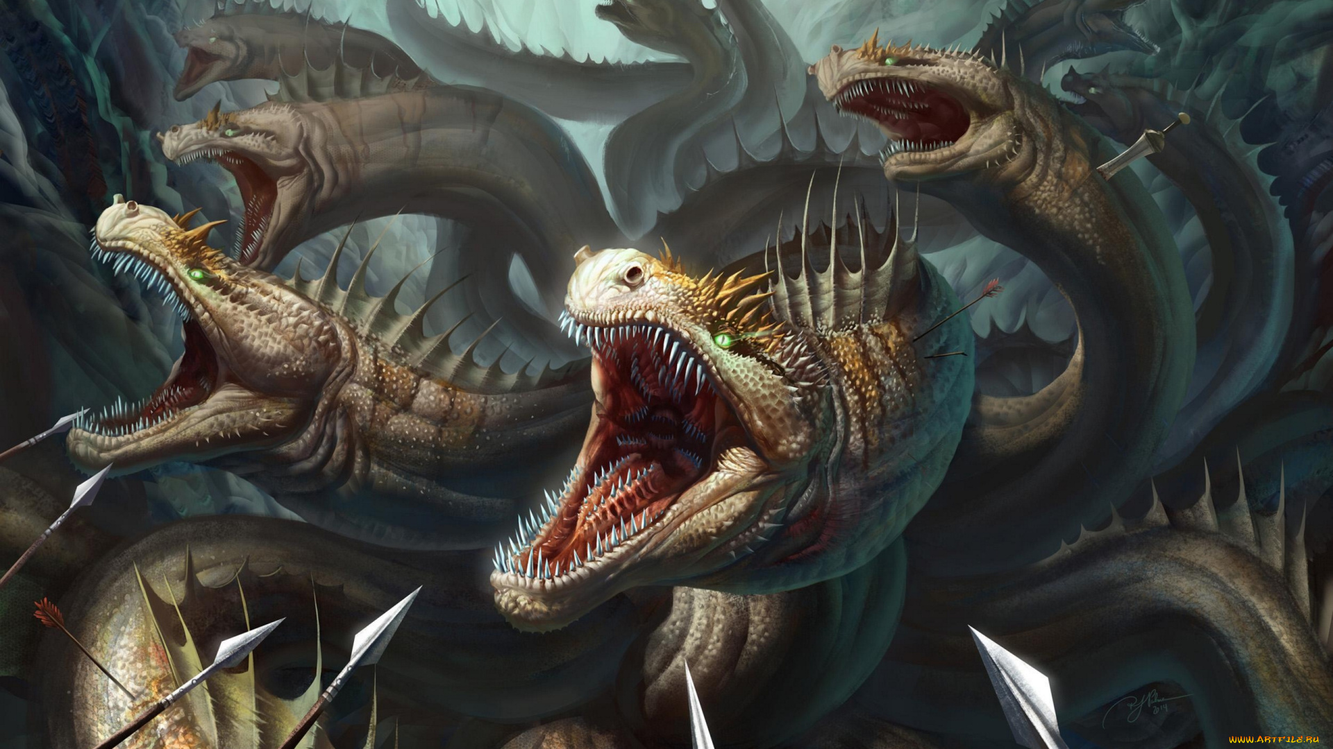 фэнтези, существа, копья, чудовище, монстр, гидра