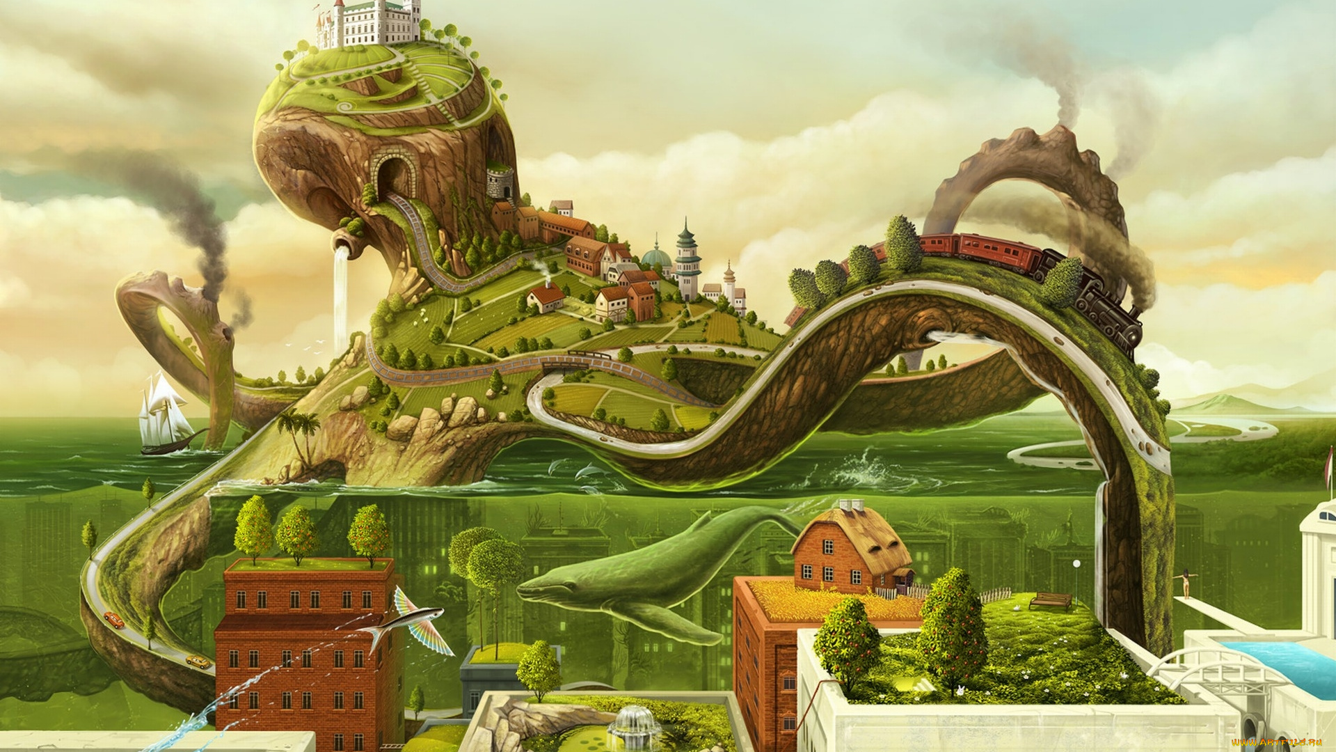 фэнтези, существа, море, рыба, дома