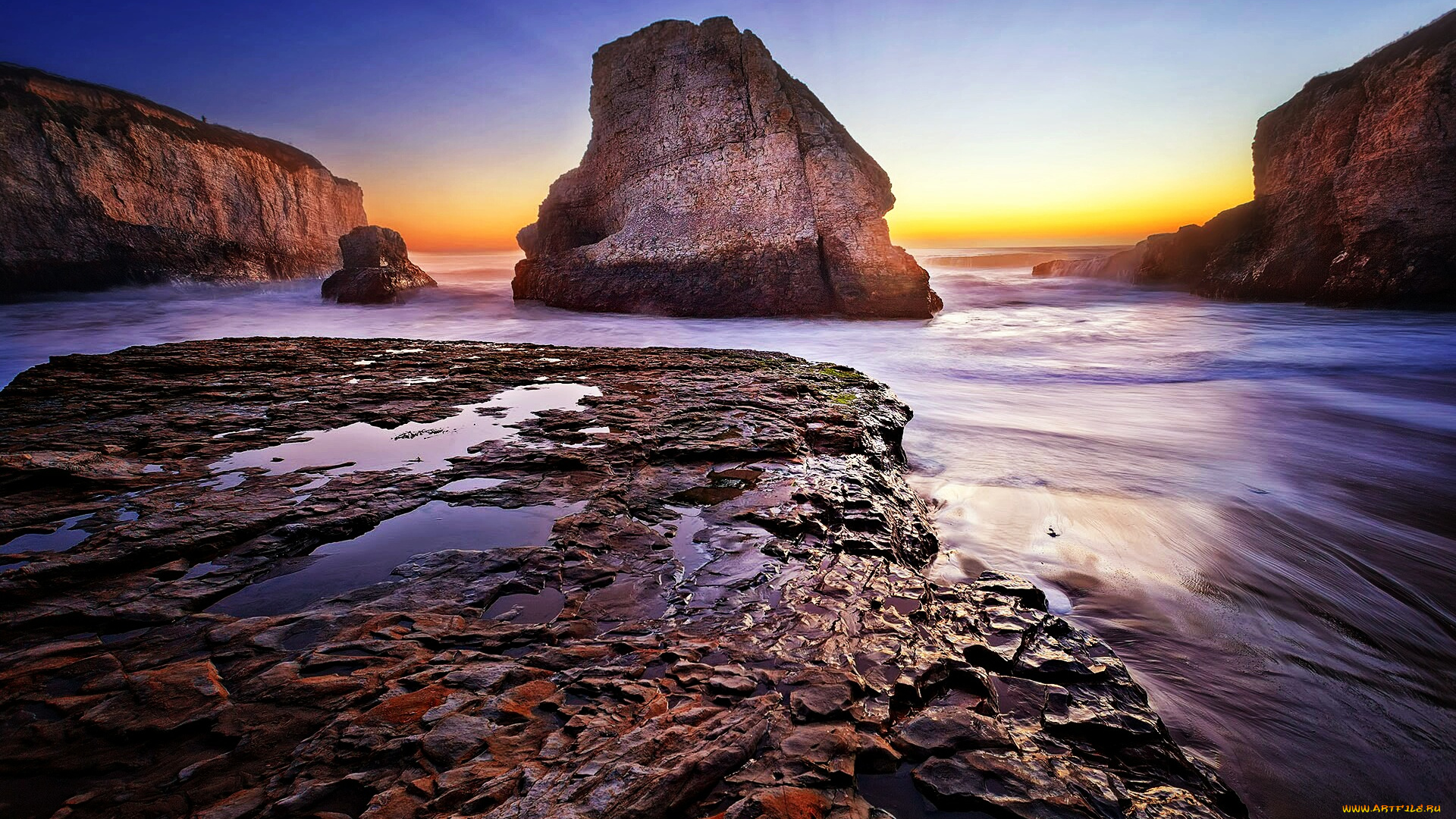 природа, побережье, скала, заря, океан, камни, берег