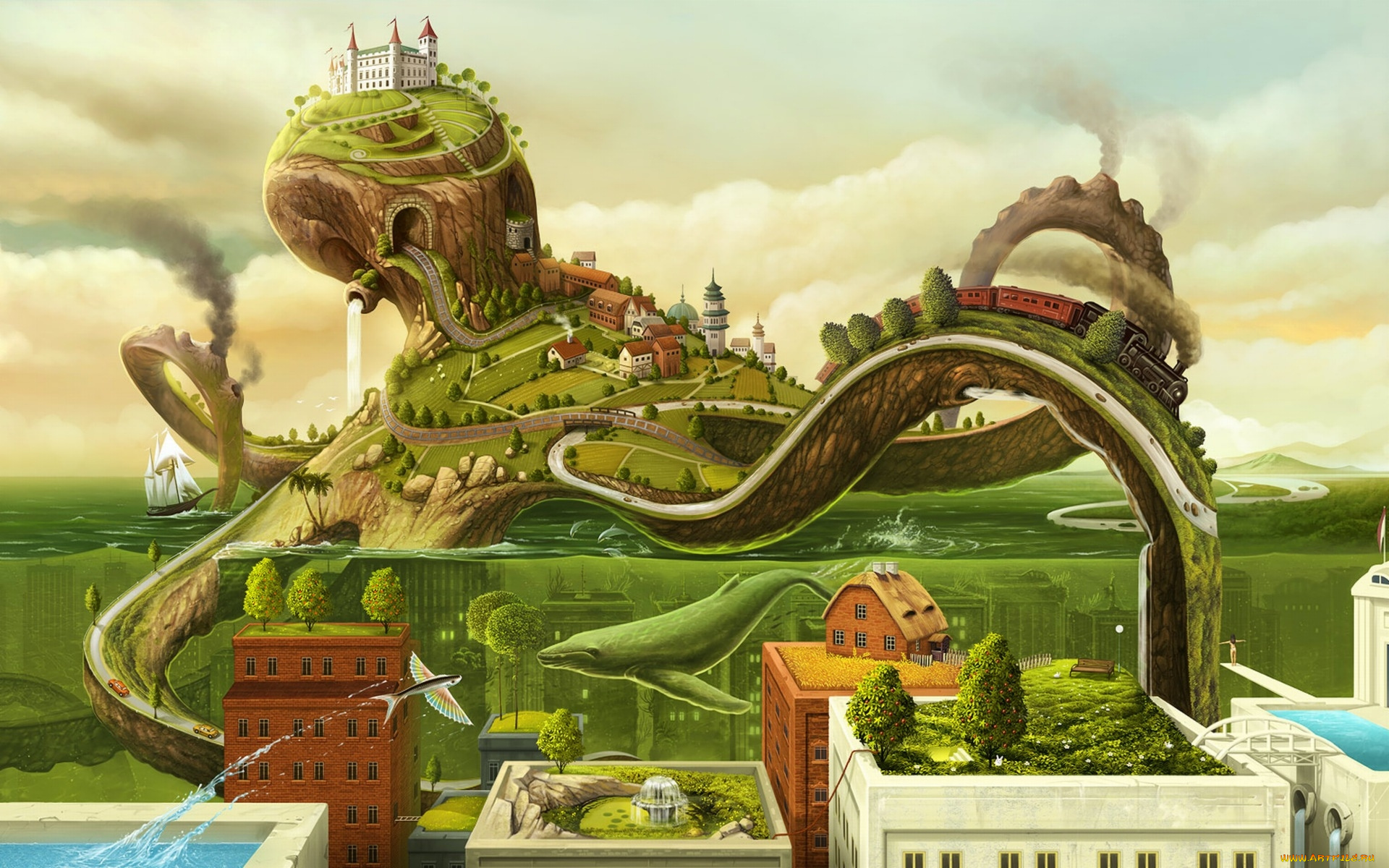 фэнтези, существа, море, рыба, дома