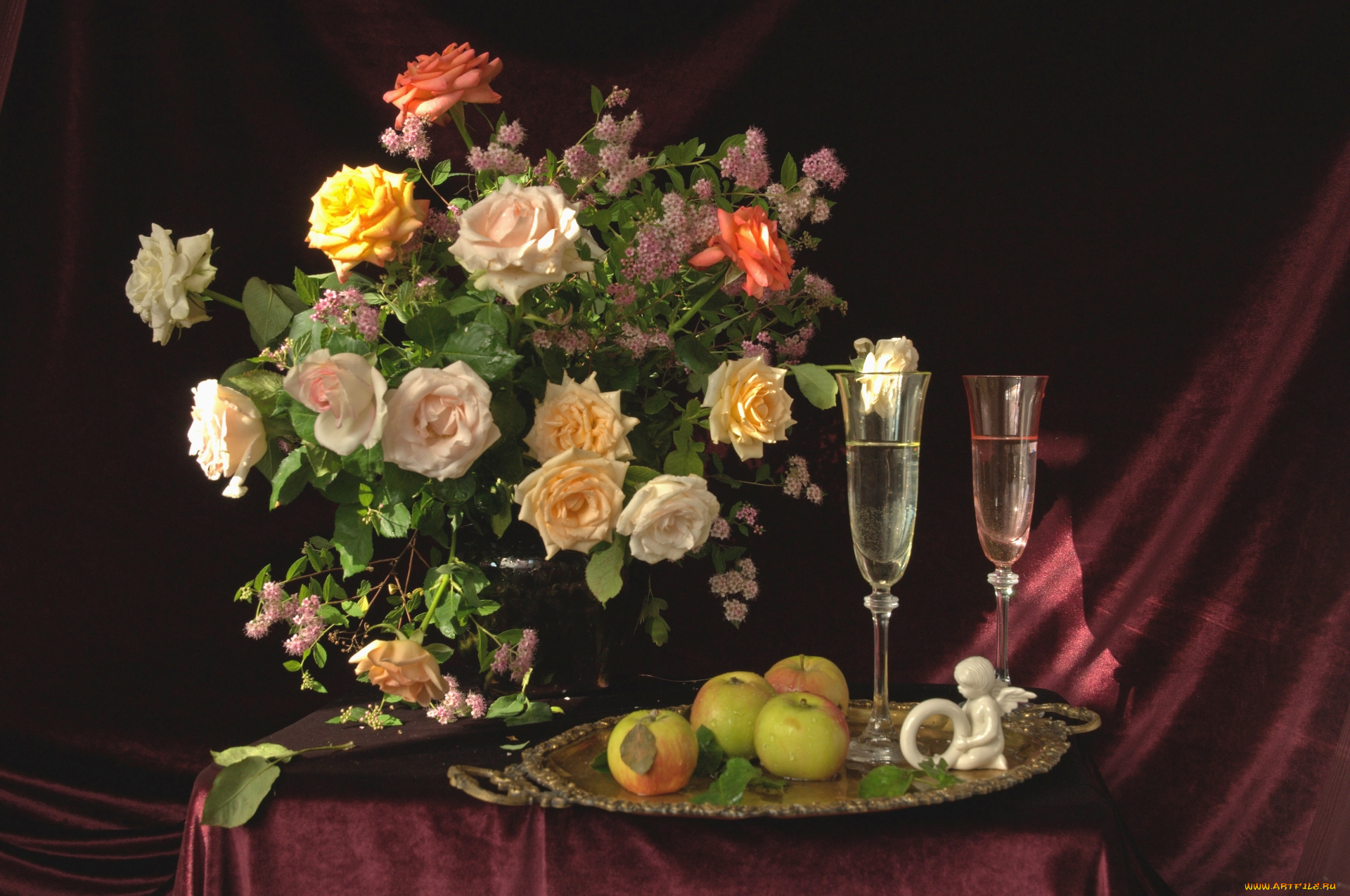 еда, натюрморт, яблоки, бокалы, букет