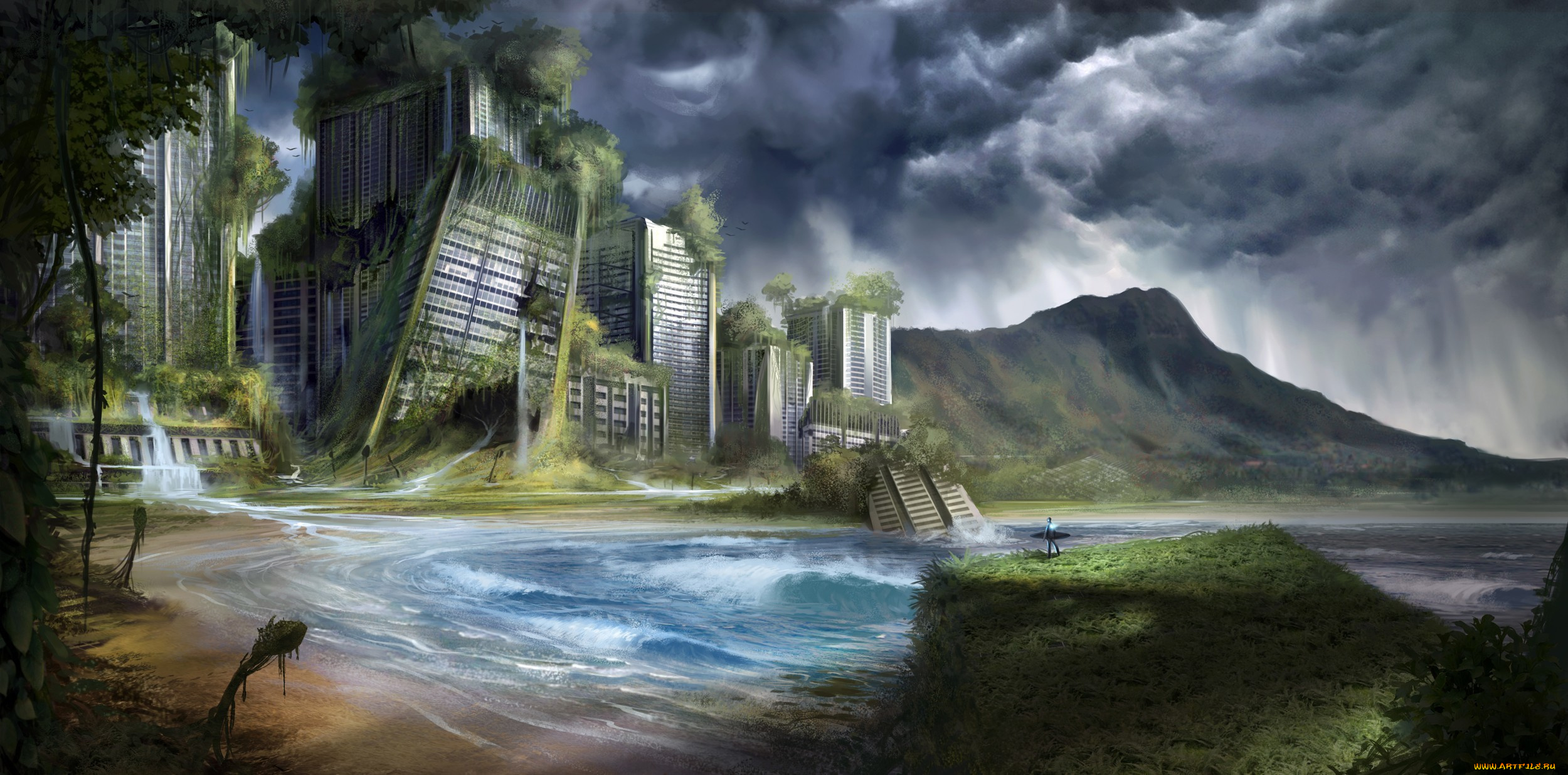 фэнтези, иные, миры, , иные, времена, арт, серфингист, доска, заросли, человек, море, руины, город