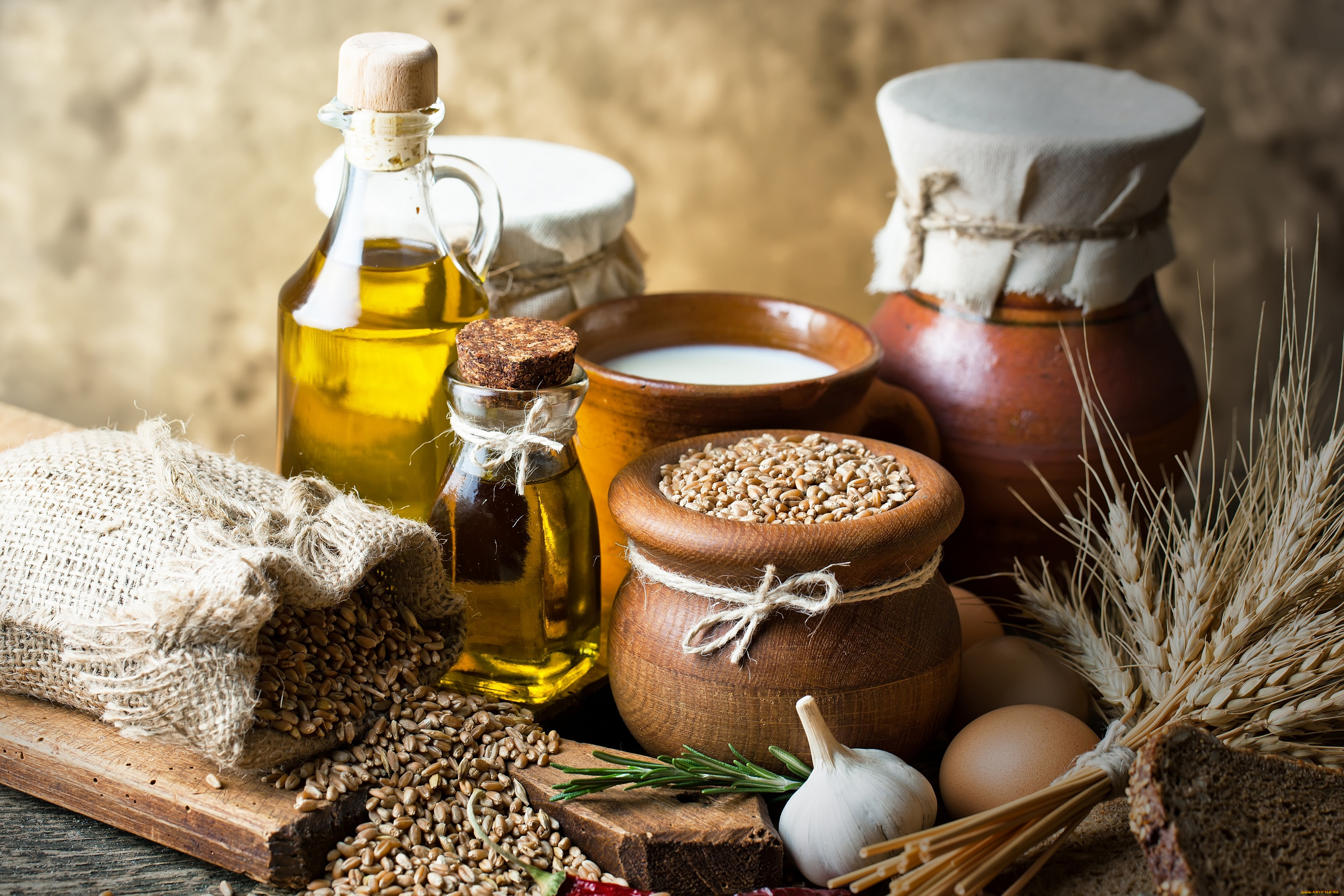 еда, разное, чеснок, масло, яйцо, хлеб, перец, пшено