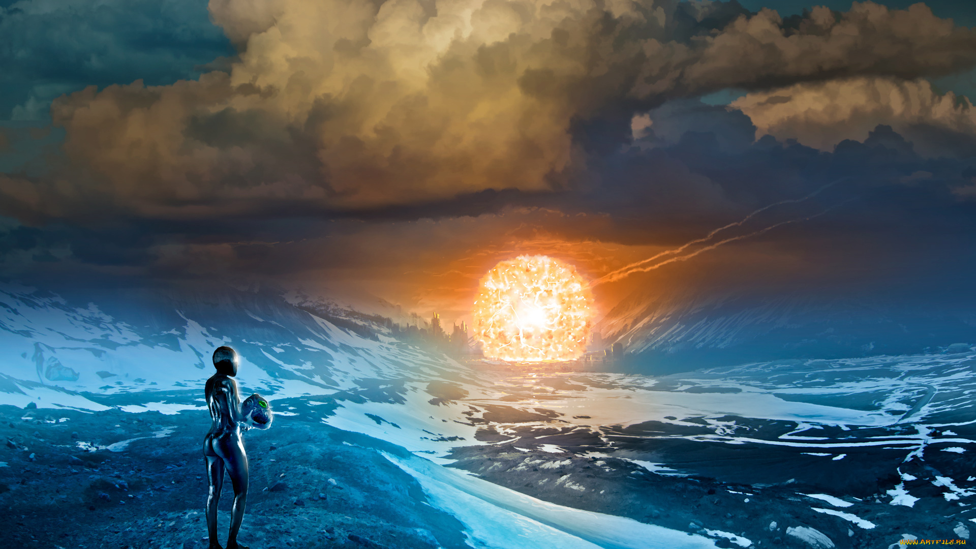 фэнтези, романтика, апокалипсиса, взрыв, шлем, атомный, art, romantically, apocalyptic, alexiuss, девушка, облака, апокалипсис