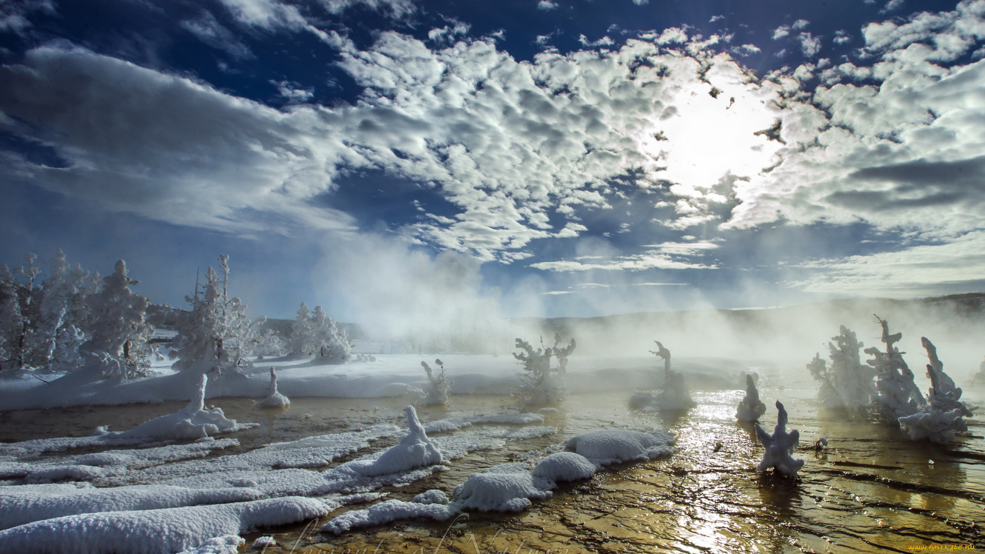 природа, зима, снег, пейзаж, туман, река, утро