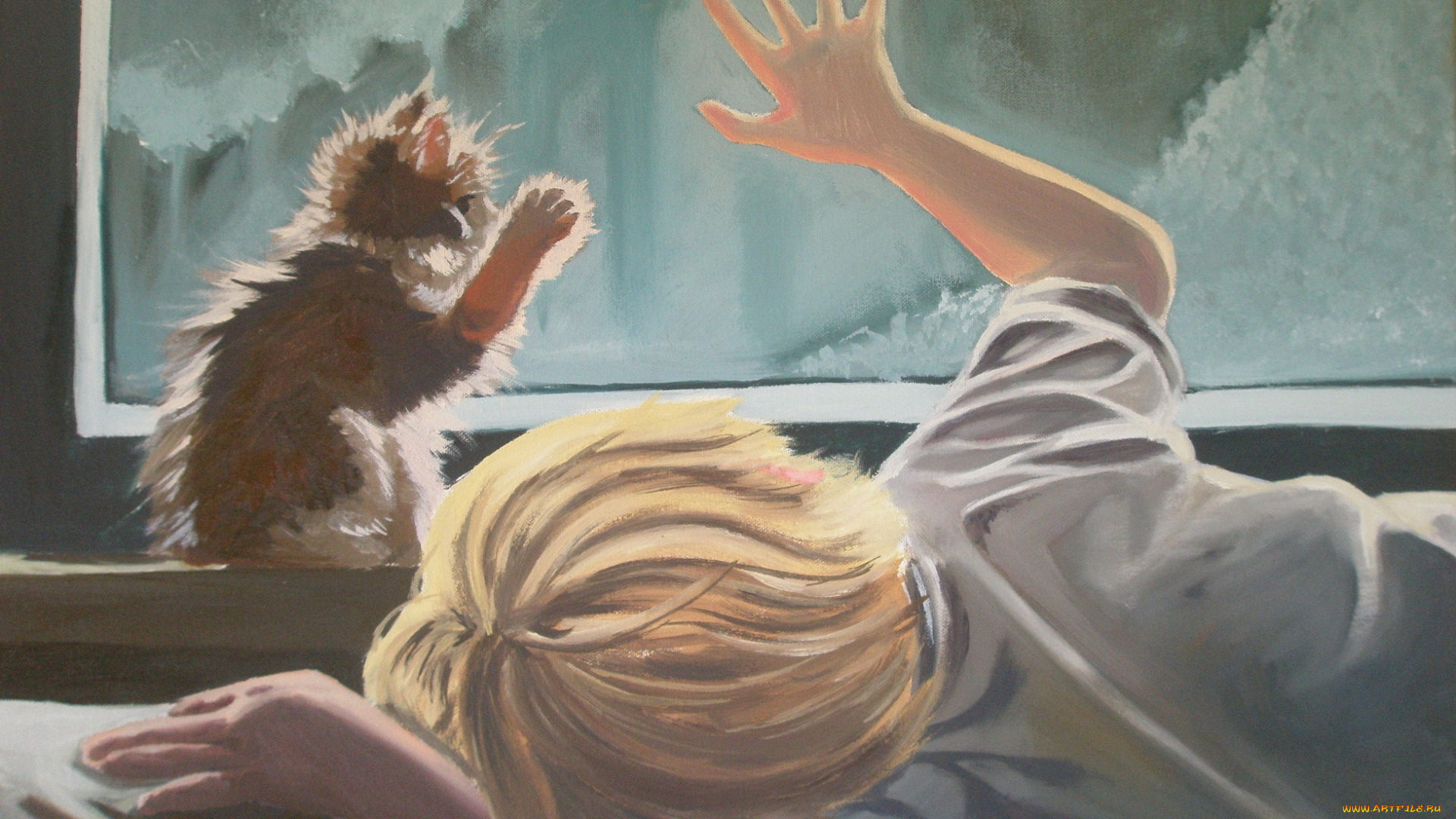 рисованное, дети, рука, ребёнок, окно, котёнок