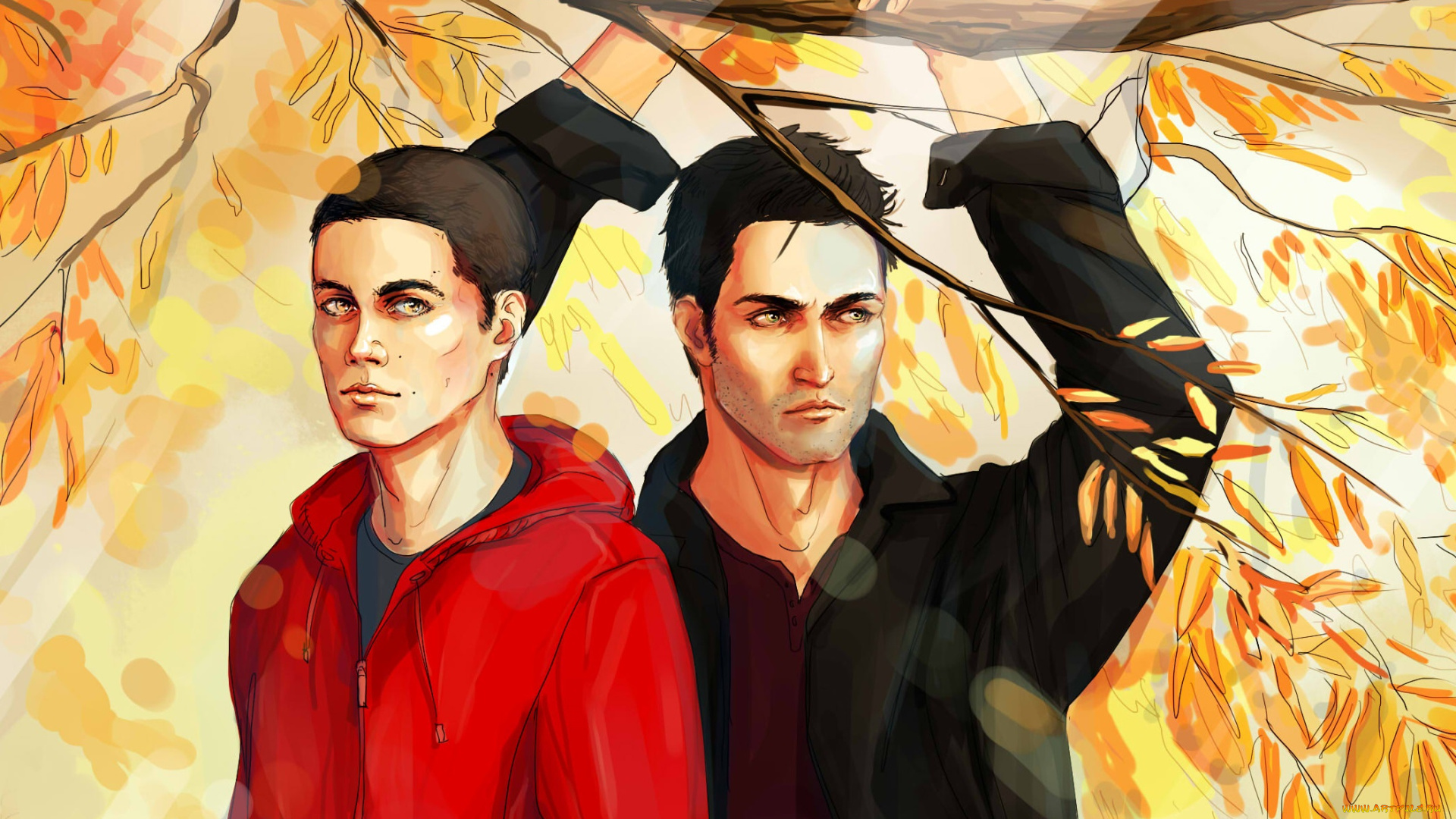 рисованное, кино, осень, арт, дерек, стайлз, волчонок, сериал, парни