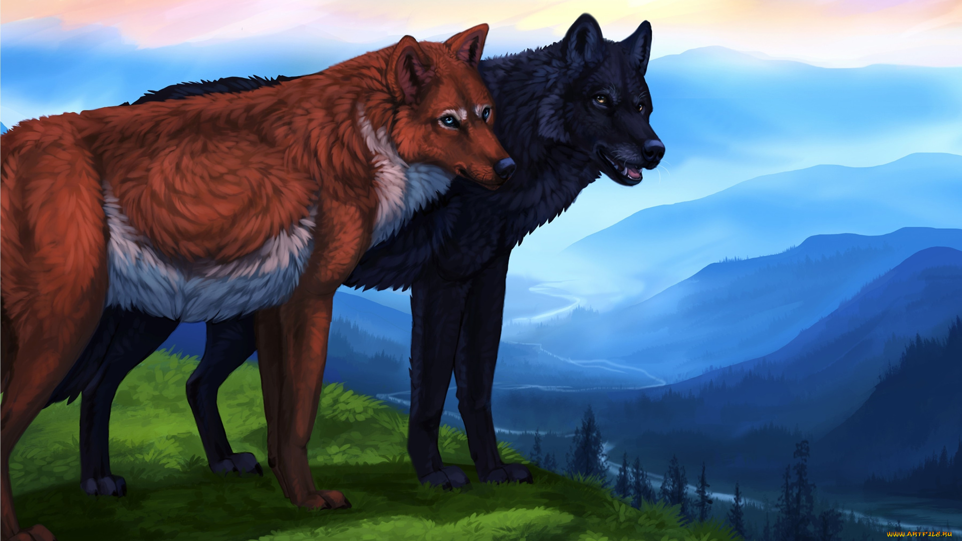 рисованное, животные, , волки, взгляд, фон, лес, волки, пейзаж, река