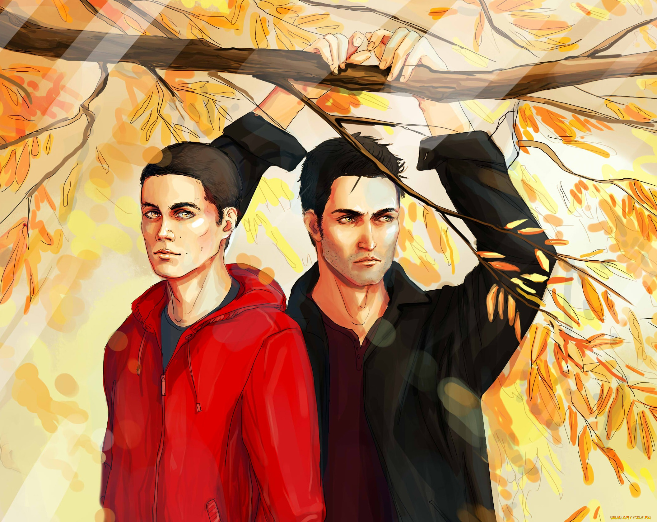 рисованное, кино, осень, арт, дерек, стайлз, волчонок, сериал, парни