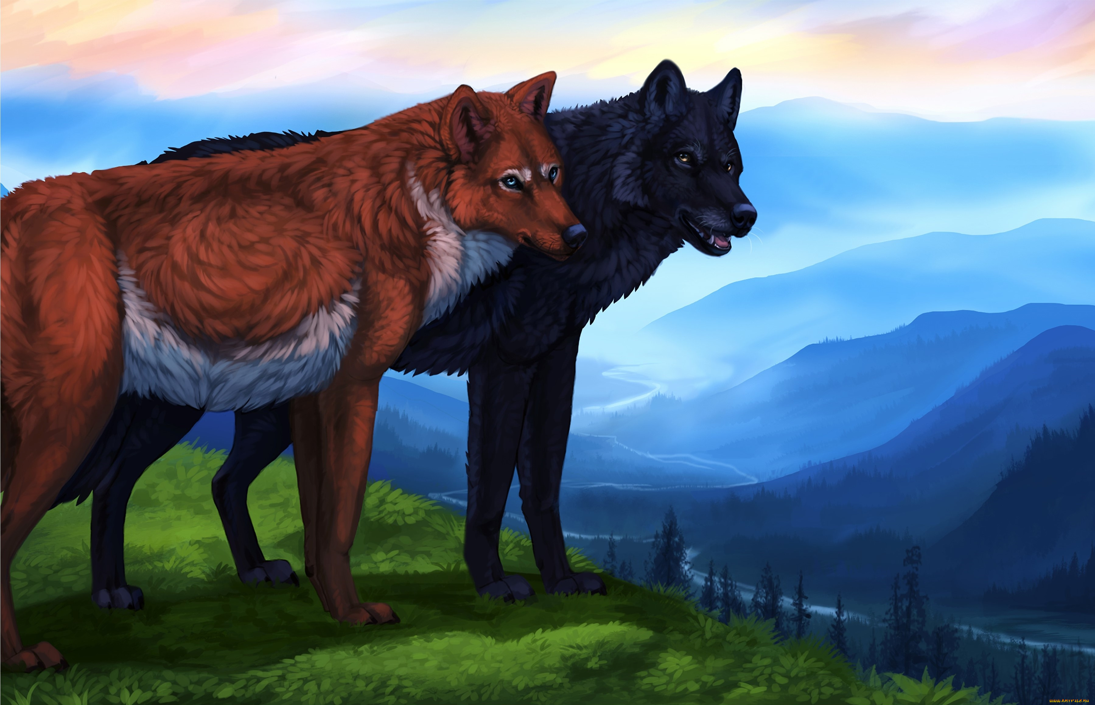 рисованное, животные, , волки, взгляд, фон, лес, волки, пейзаж, река