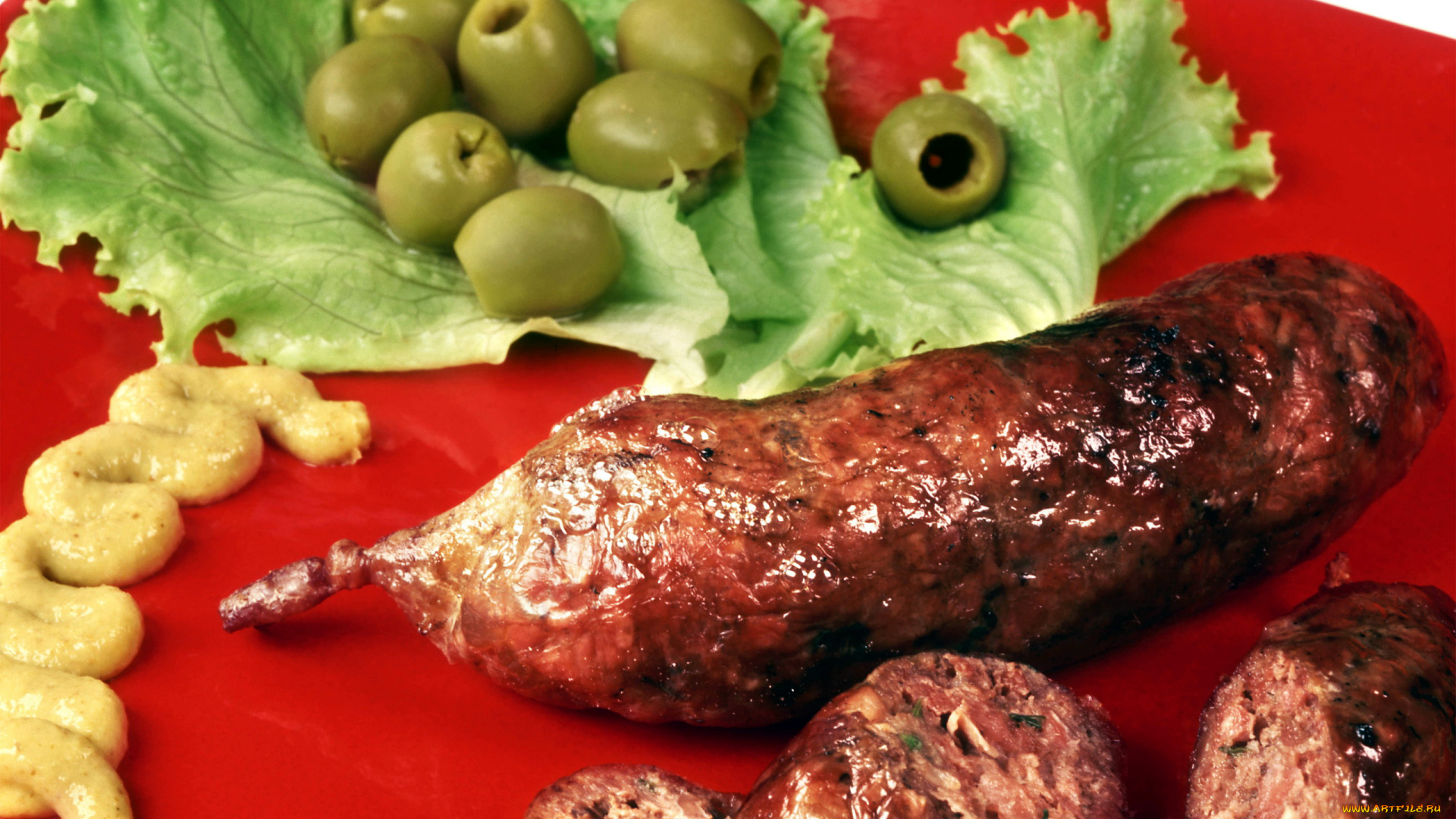 еда, колбасные, изделия, салат, горчица, колбаса, оливки, жареная