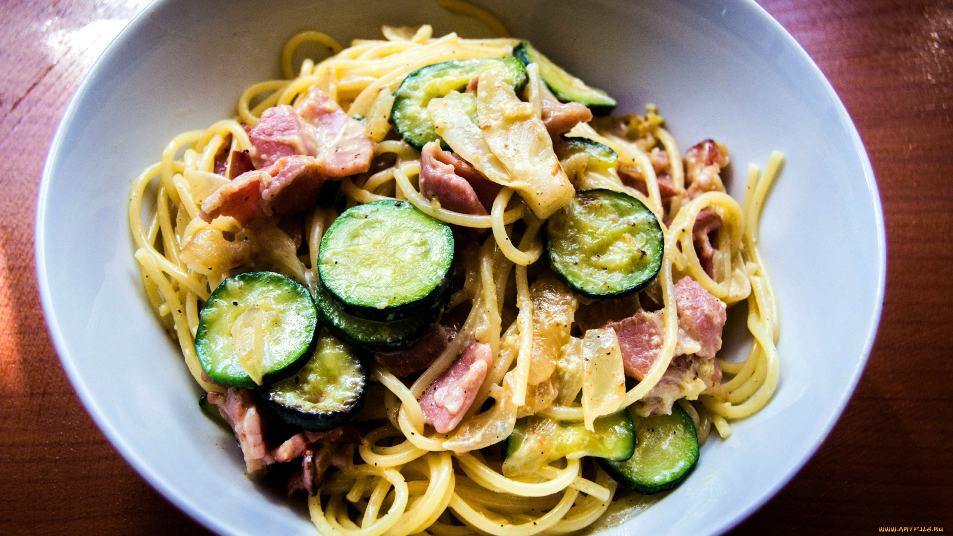 еда, макаронные, блюда, ветчина, цуккини, спагетти