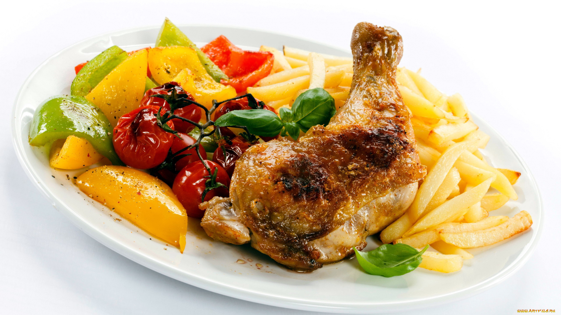 еда, мясные, блюда, картофель, базилик, томаты, фри, куриная, ножка, перец