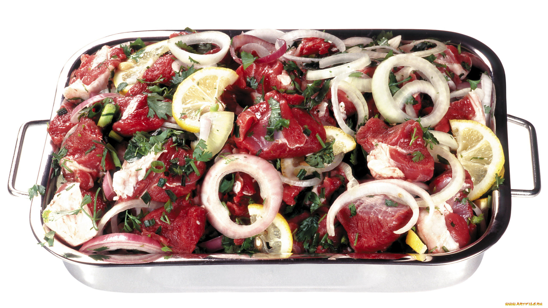 еда, мясные, блюда, лимон, кусочки, мясо, лук