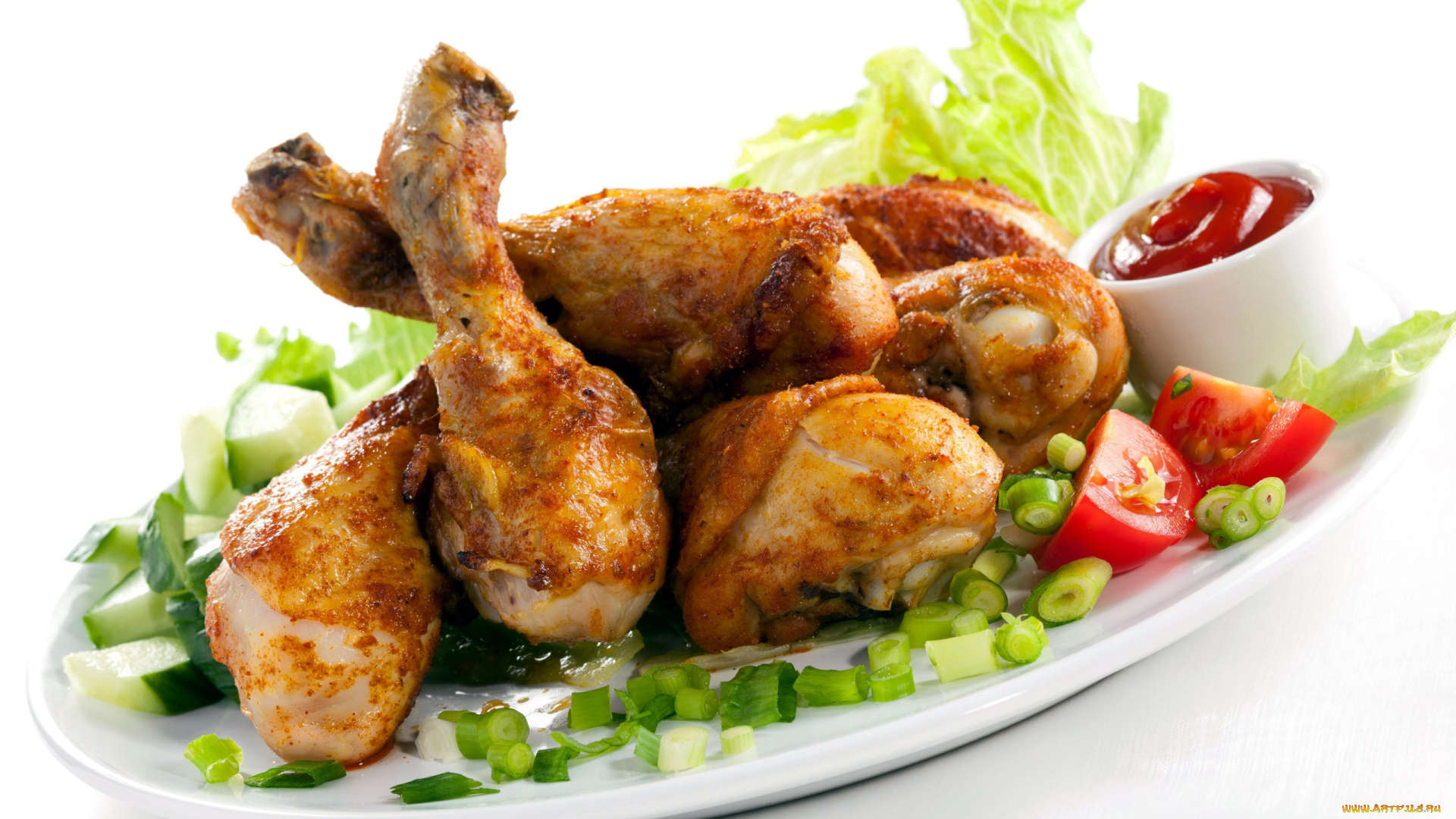 еда, мясные, блюда, овощи, кетчуп, ножки, куриные, жареные, соус