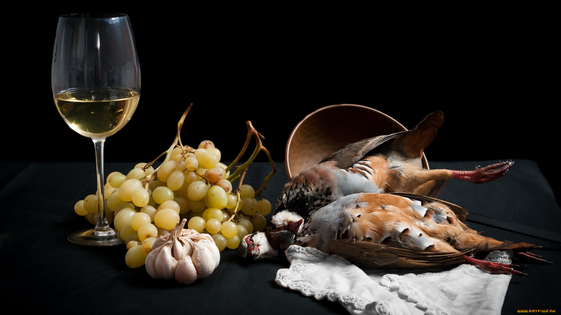 еда, натюрморт, дичь, виноград, вино