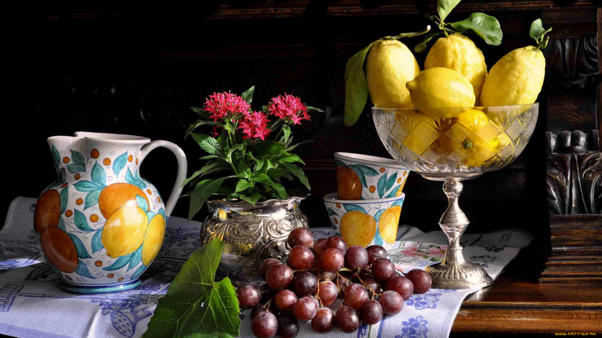 еда, натюрморт, ваза, цветы, фрукты
