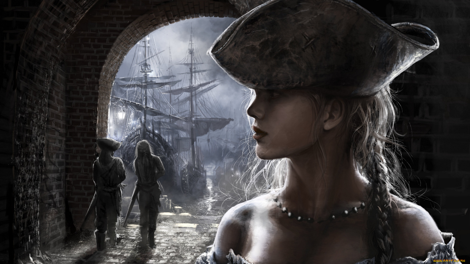 фэнтези, девушки, пираты, шляпа, причал, корабль, девушка