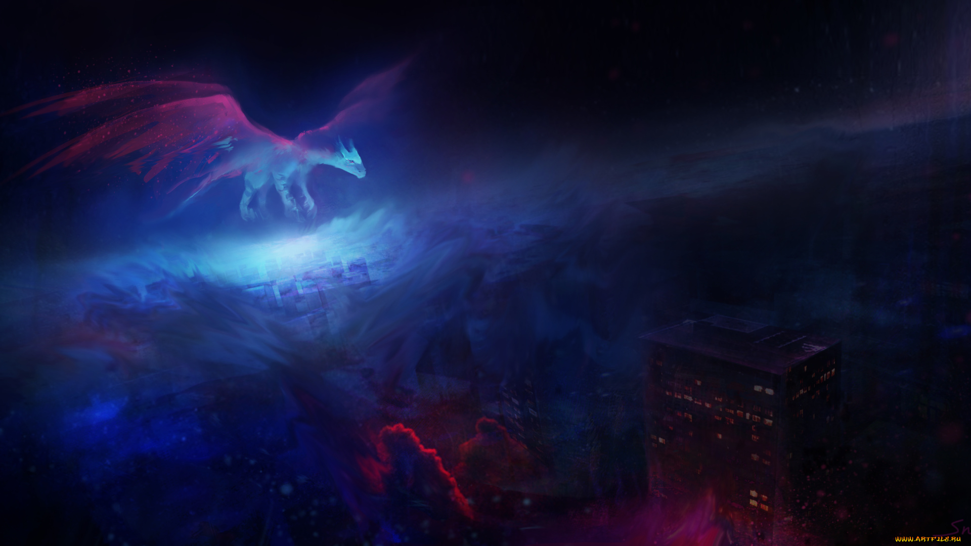 фэнтези, драконы, город, ночь, полет, дракон