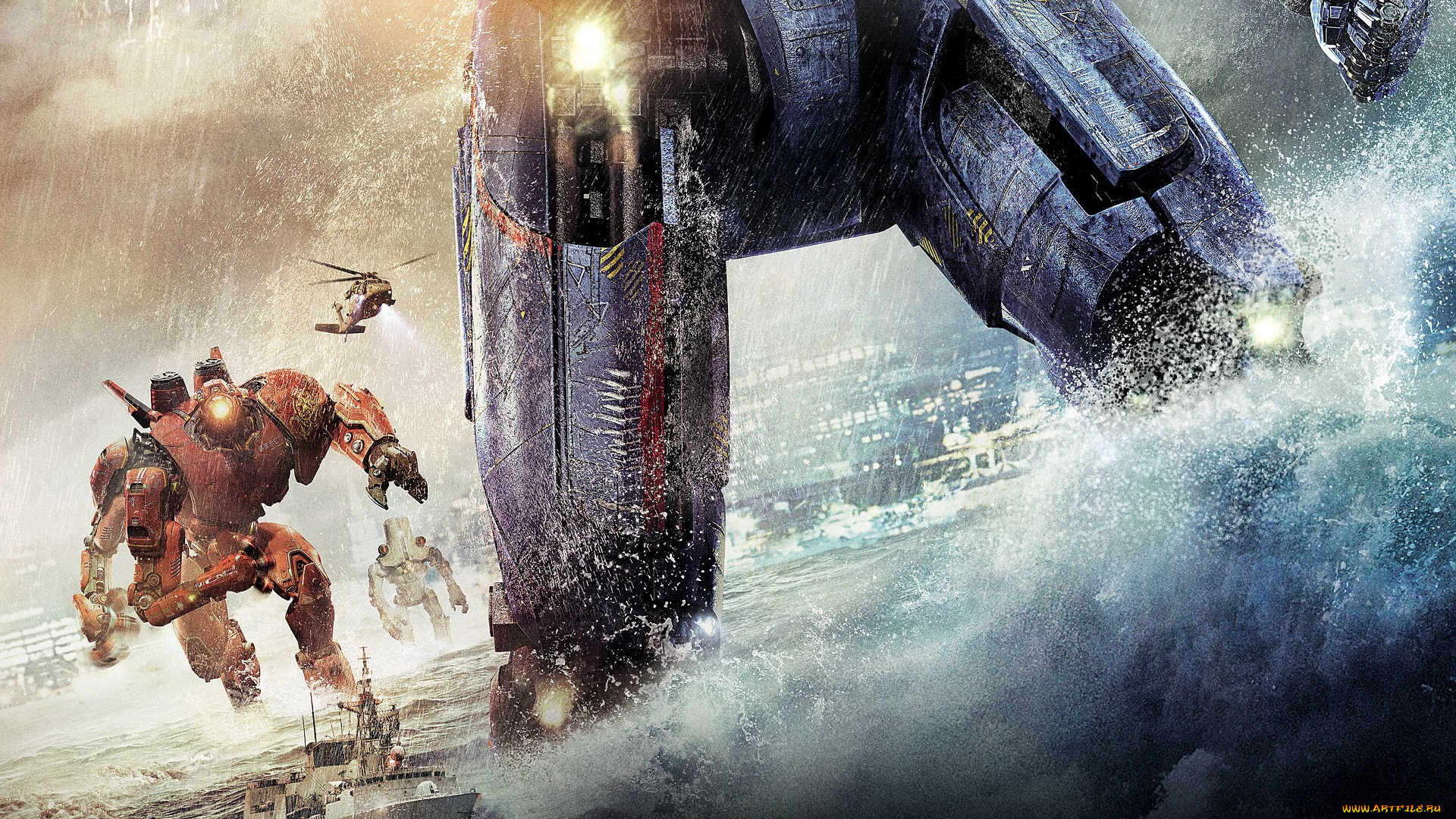 кино, фильмы, pacific, rim, корабль, закат, океан, роботы