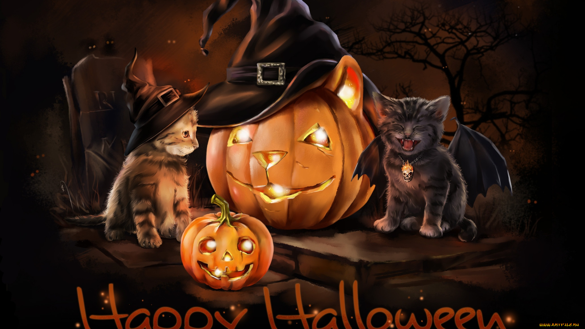 праздничные, хэллоуин, тыква, праздник, детская, арт, шляпа, крылья, lorri, kajenna, ночь, котята