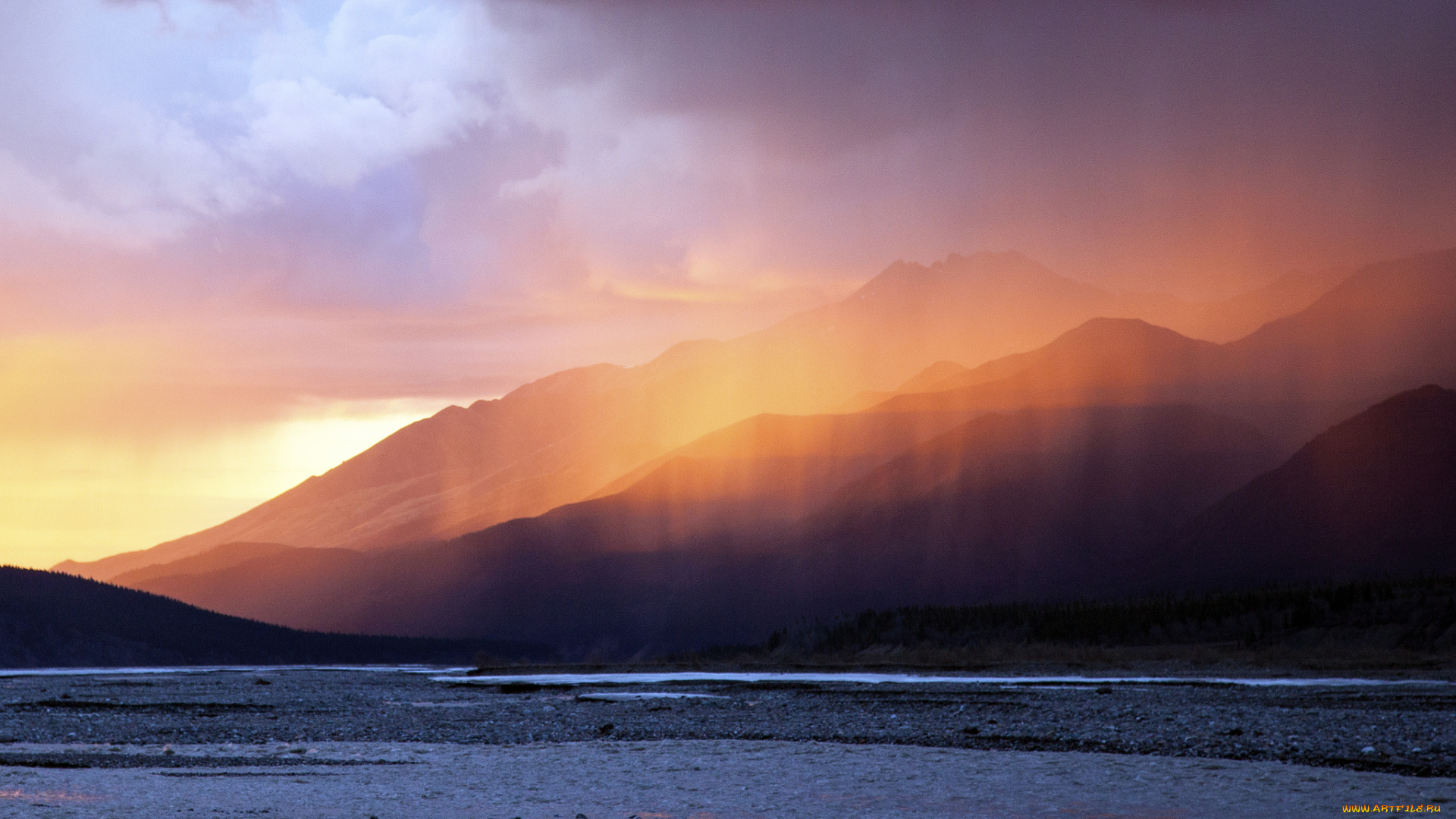 природа, реки, озера, закат, тучи, горы