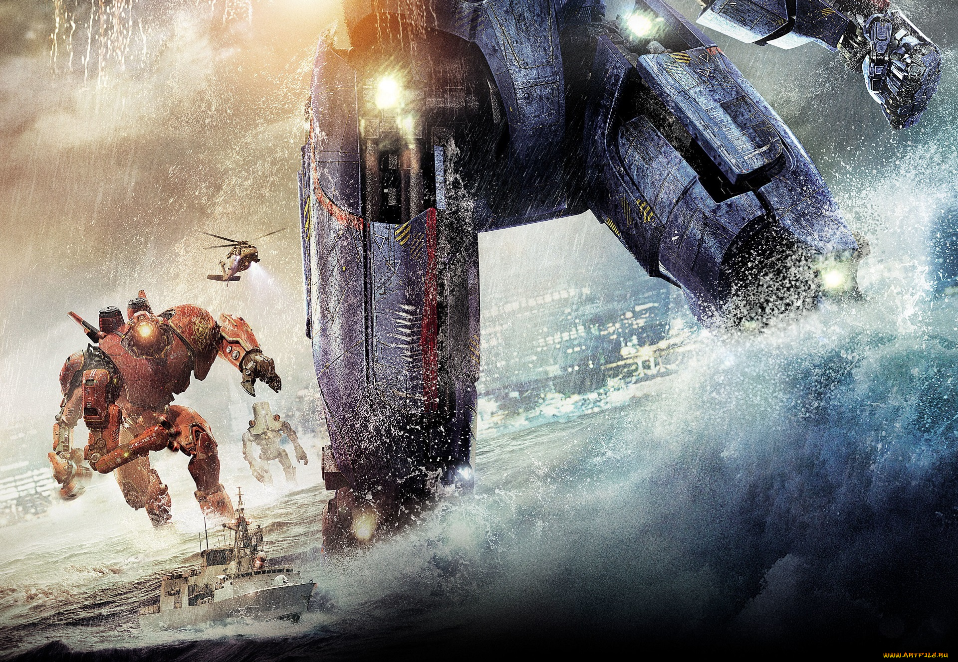 кино, фильмы, pacific, rim, корабль, закат, океан, роботы