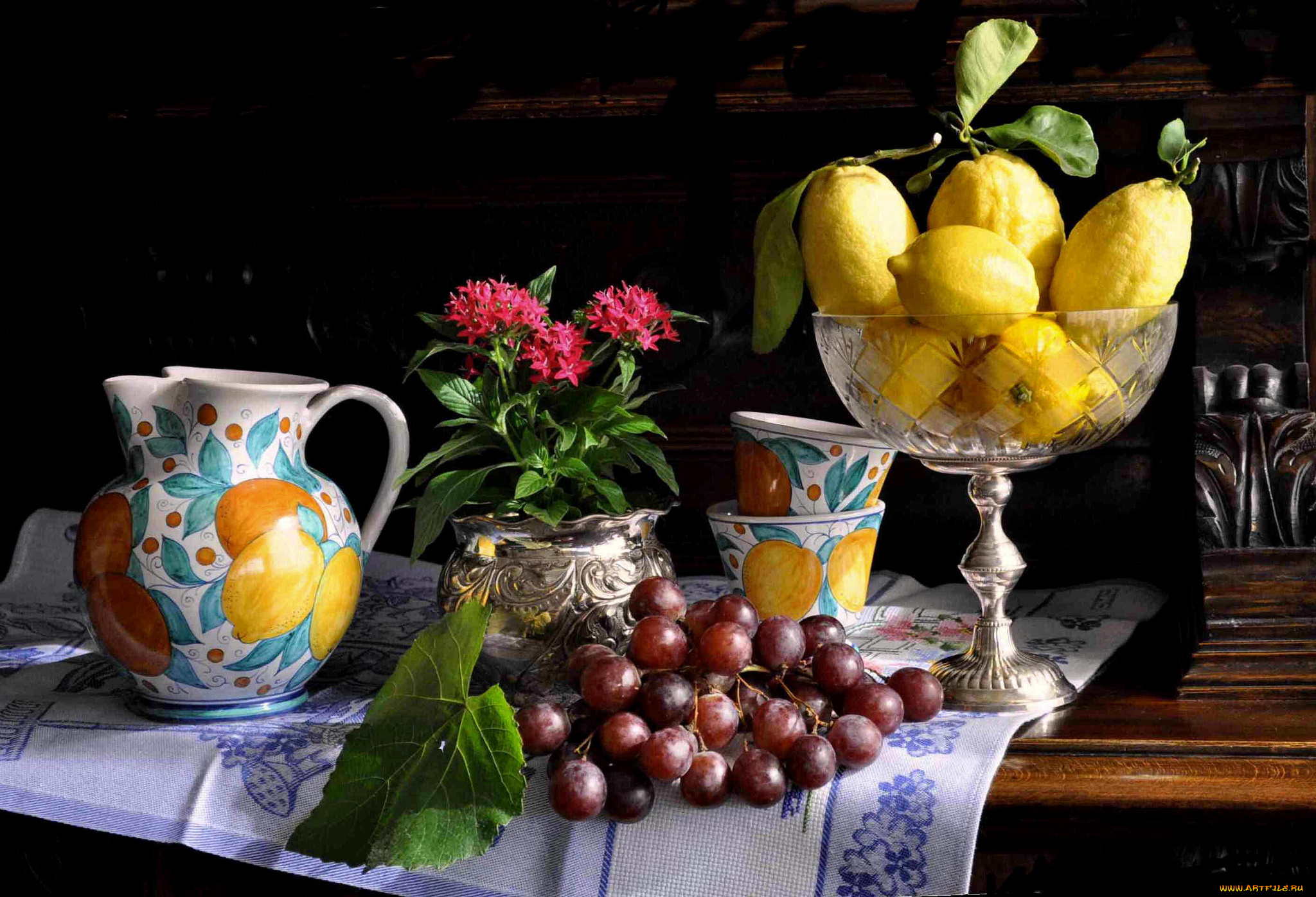 еда, натюрморт, ваза, цветы, фрукты