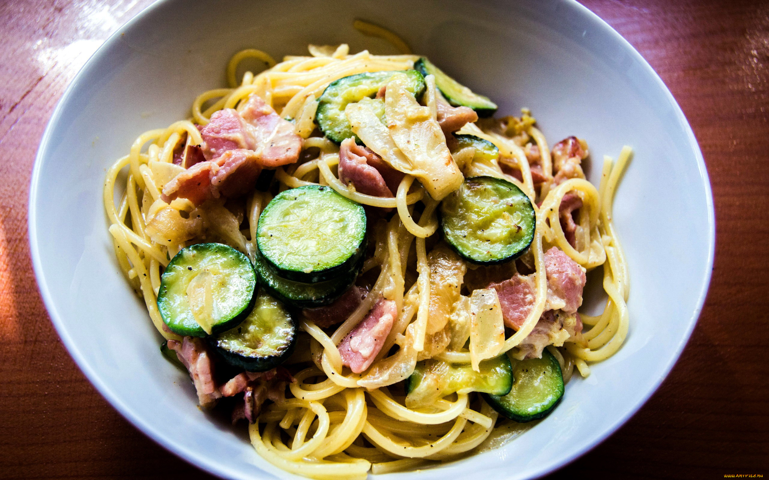 еда, макаронные, блюда, ветчина, цуккини, спагетти