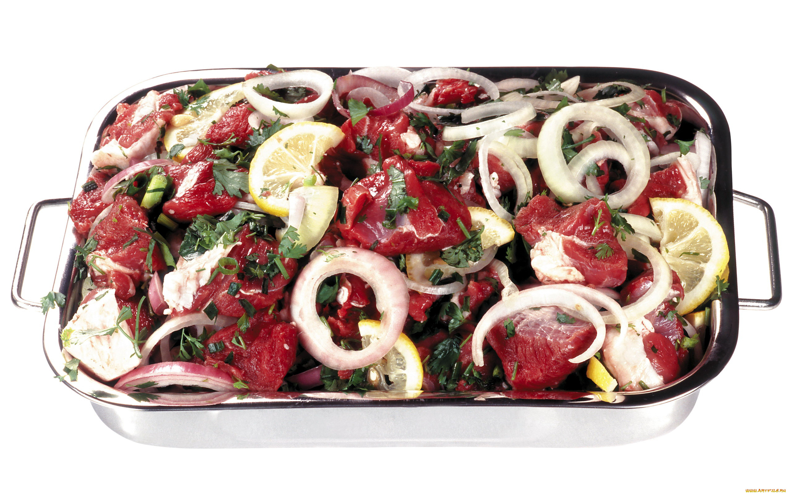 еда, мясные, блюда, лимон, кусочки, мясо, лук