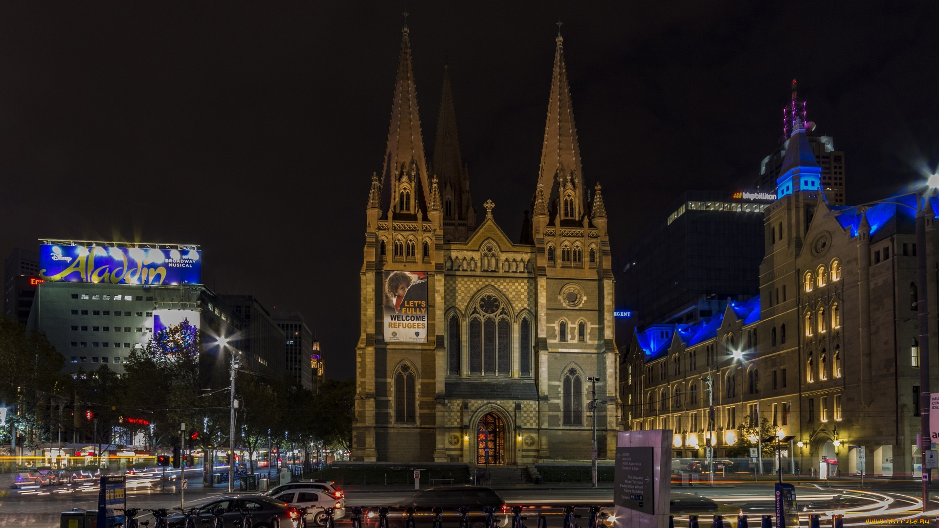 австралия, города, -, католические, соборы, , костелы, , аббатства, ночь, фонари, здания, машины