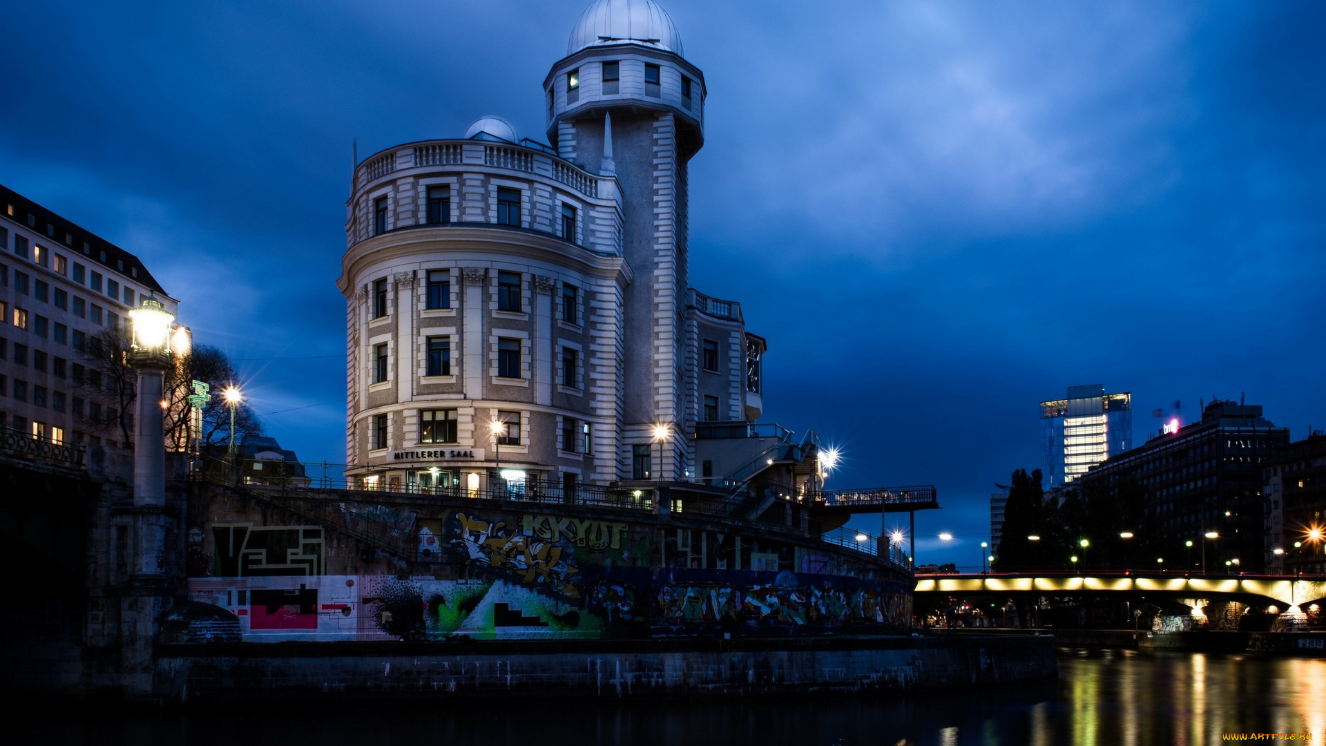 австрия, города, вена, , ночь, фонари, здания, водоем