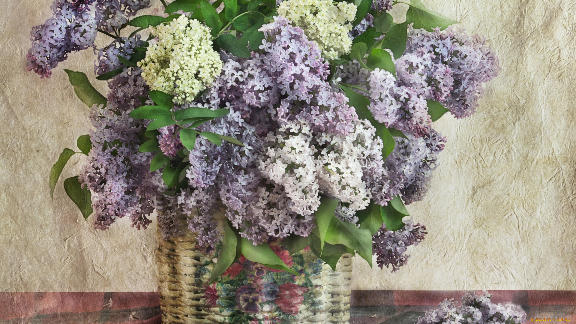 цветы, сирень, корзина, блокнот, букет