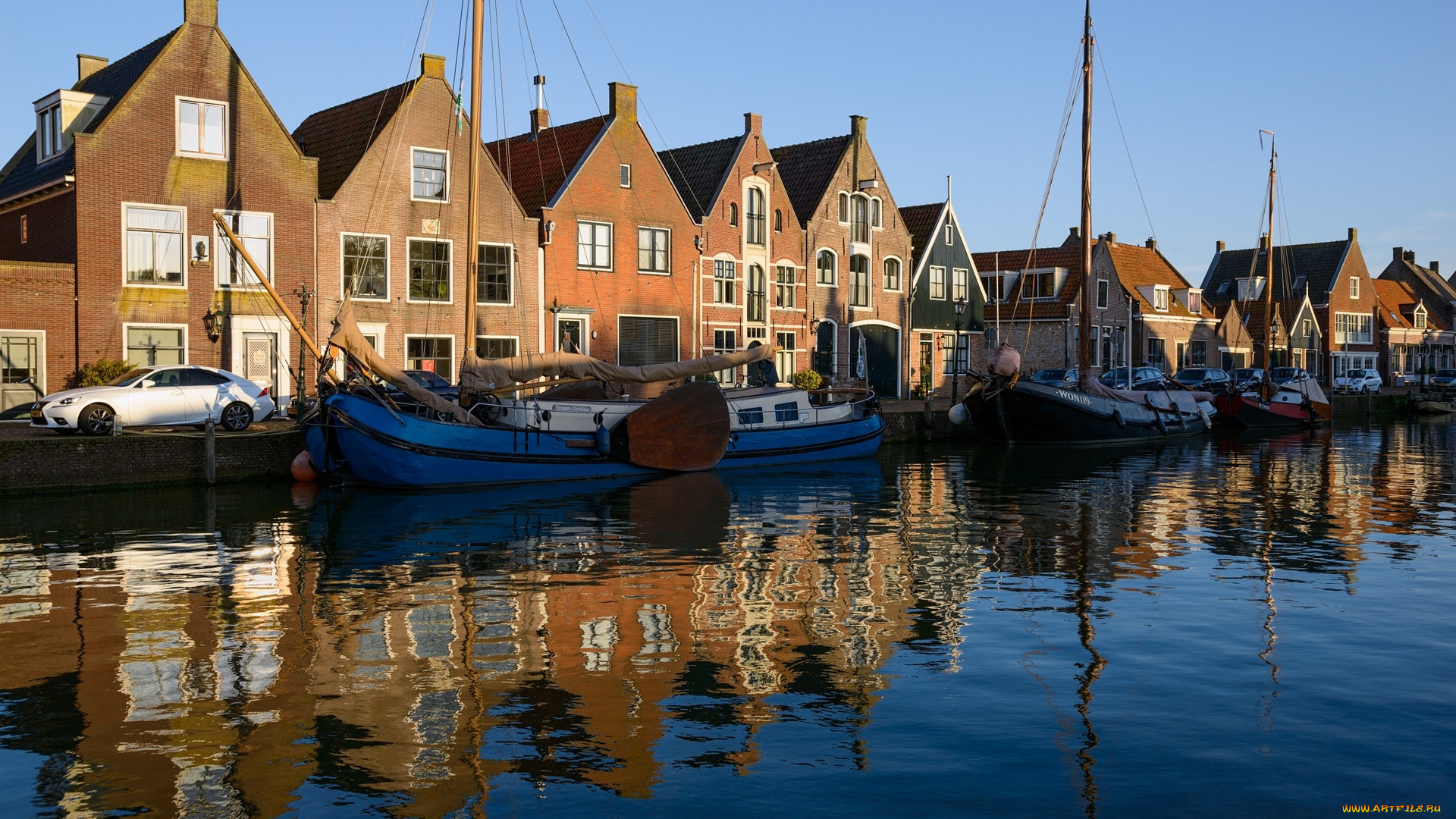 корабли, Яхты, машина, дома, водоем