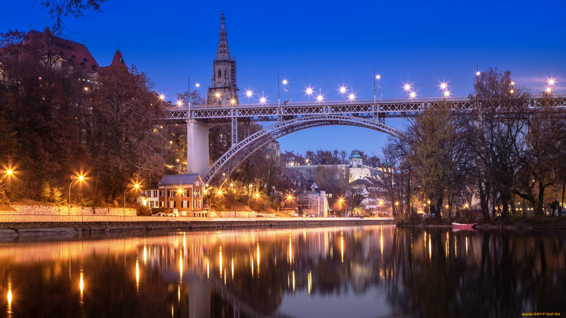мост, кирхенфельдбрюкке, города, берн, , швейцария, берега, река, огни, мост, башня, здания, деревья